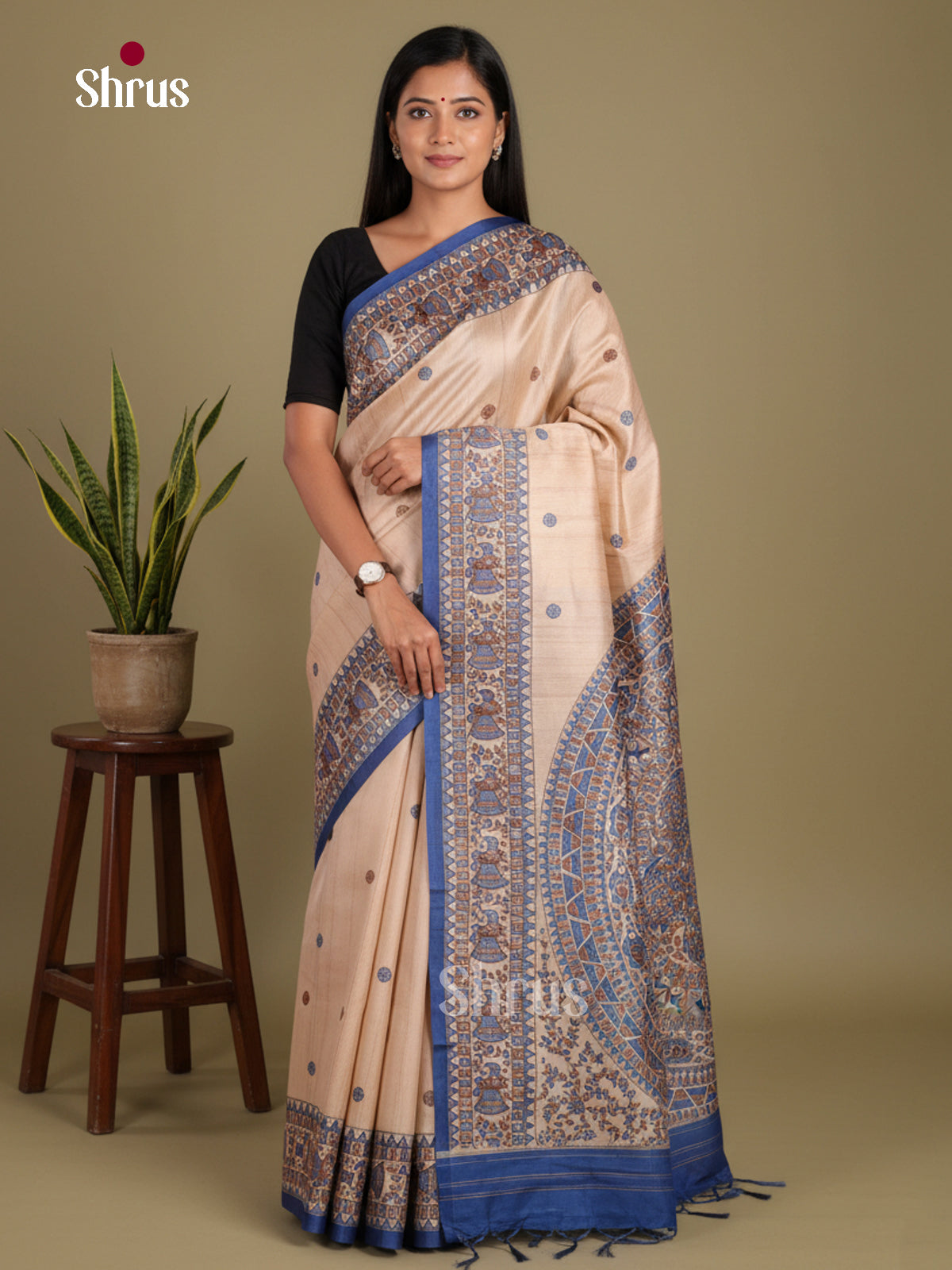 Cream & Blue - Printed Madhubani Saree