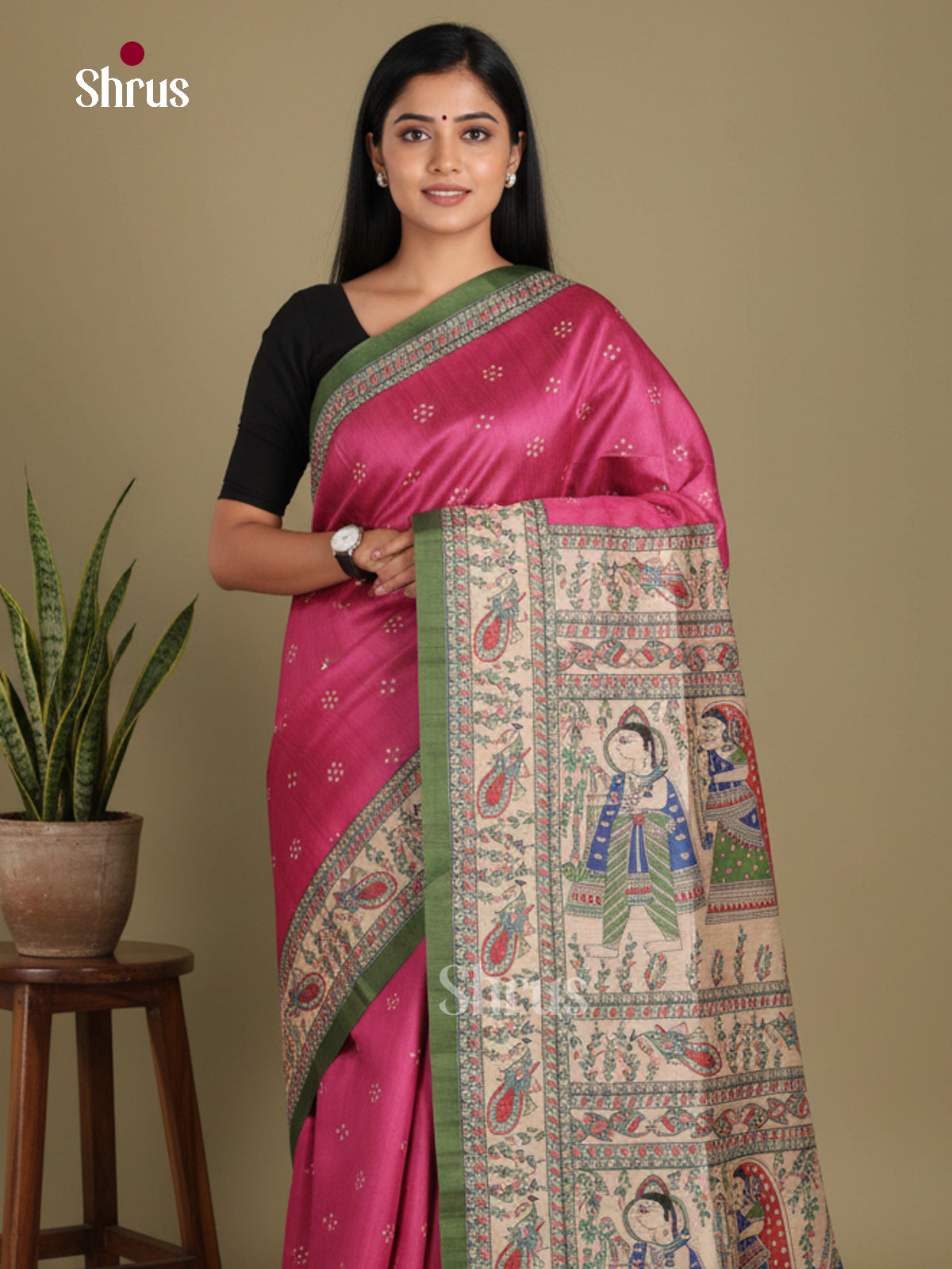Pink & Green - Printed Madhubani Saree