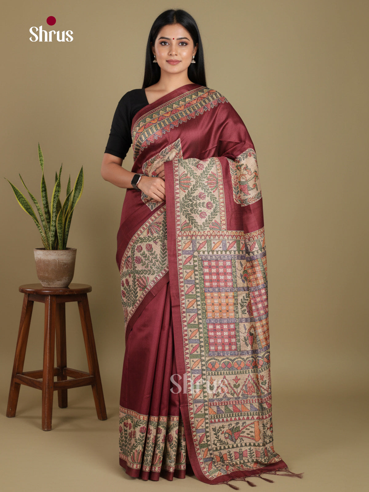 Brown - Printed Madhubani Saree