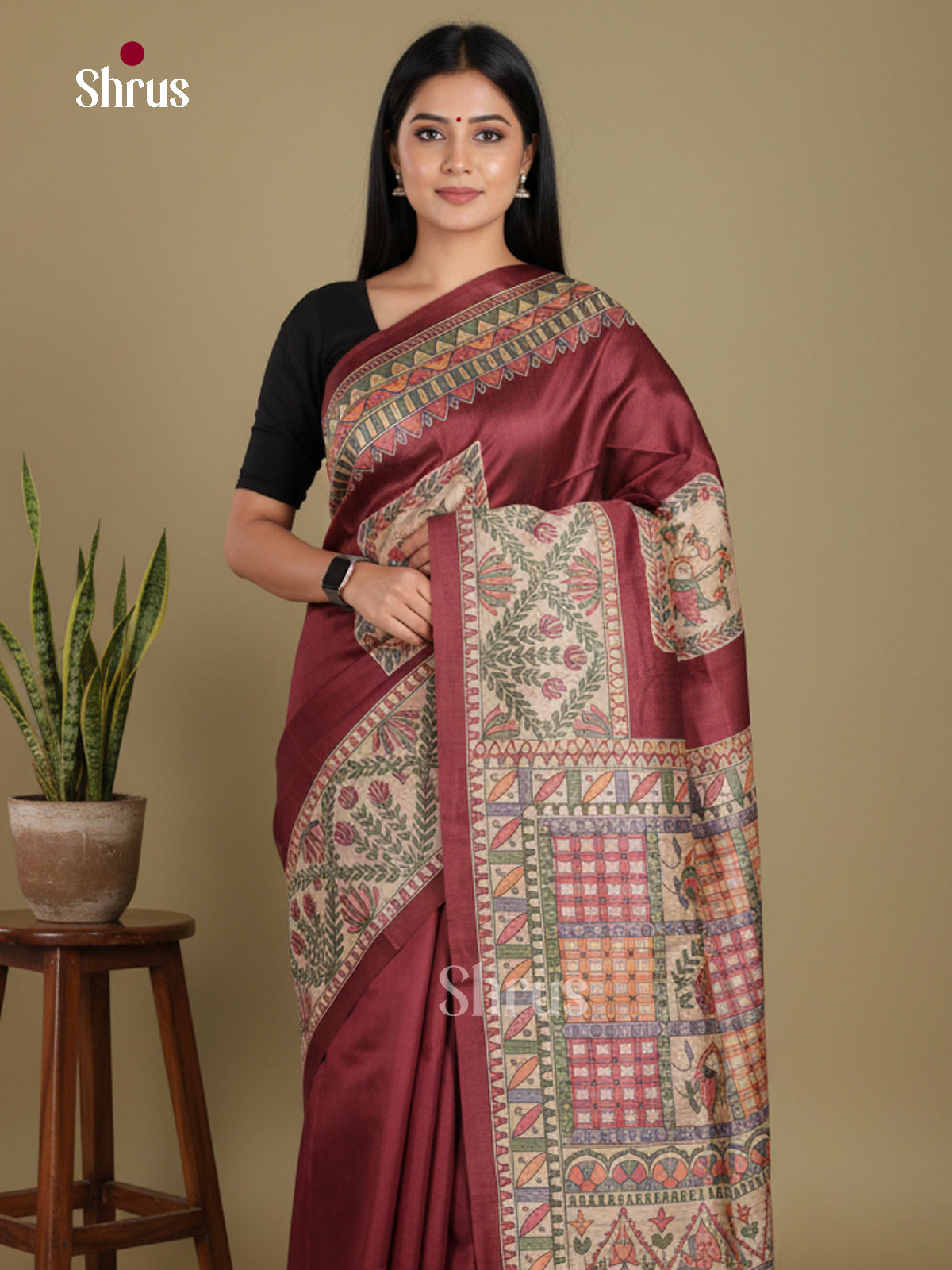 Brown - Printed Madhubani Saree