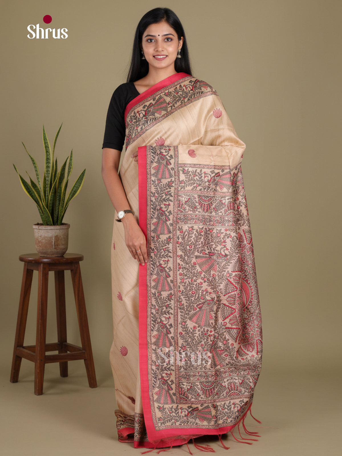 Cream & Red - Printed Madhubani Saree