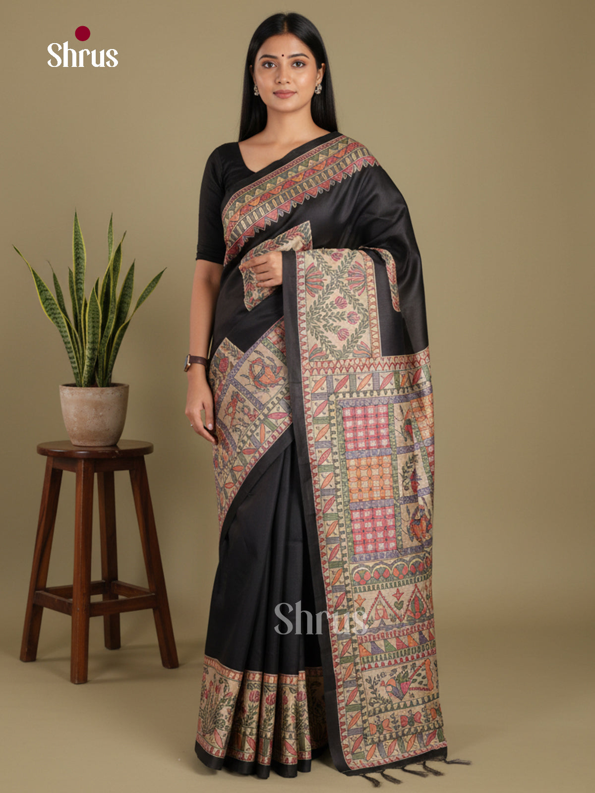 Black - Printed Madhubani Saree