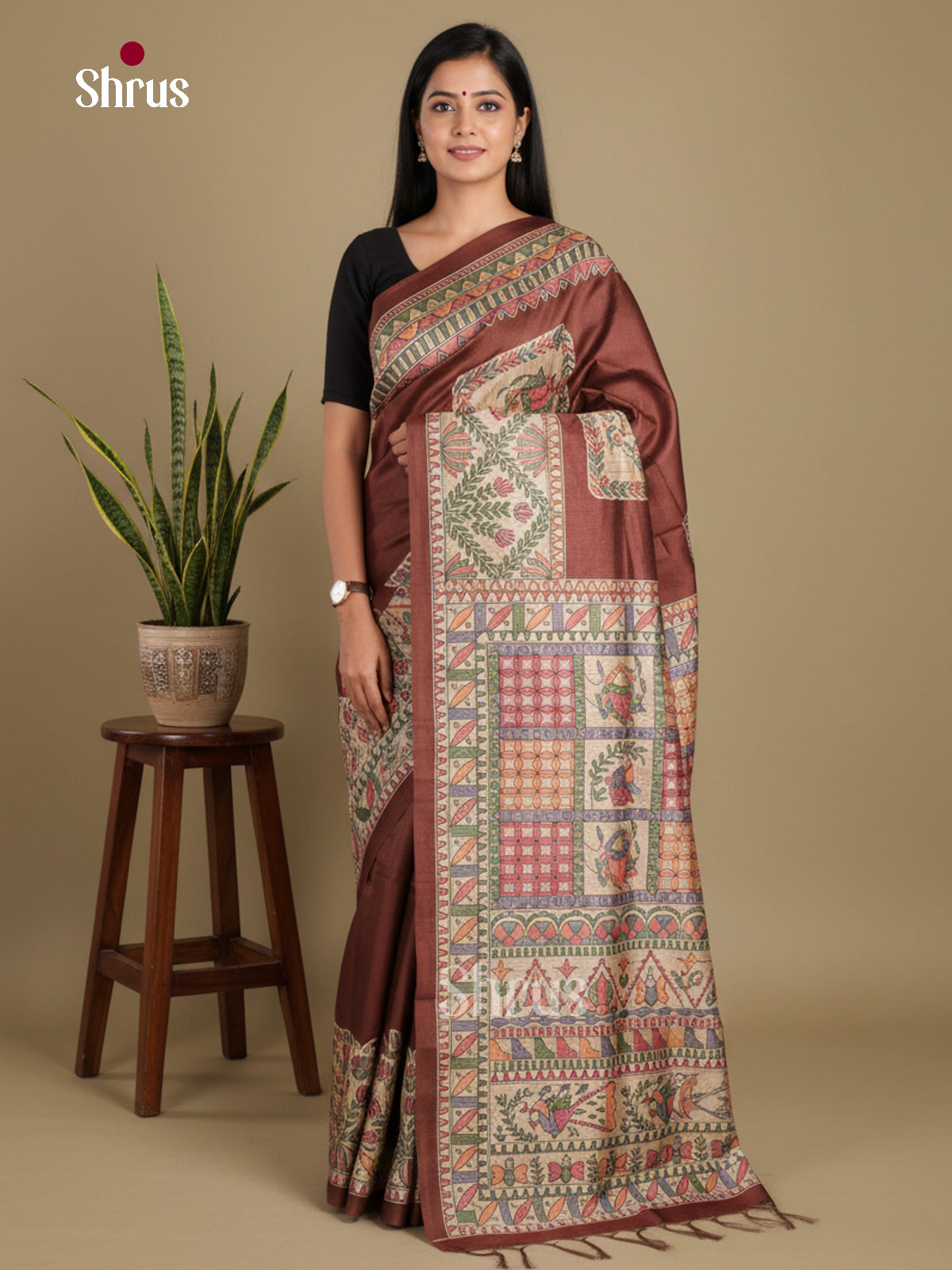 Coffee Brown - Printed Madhubani Saree
