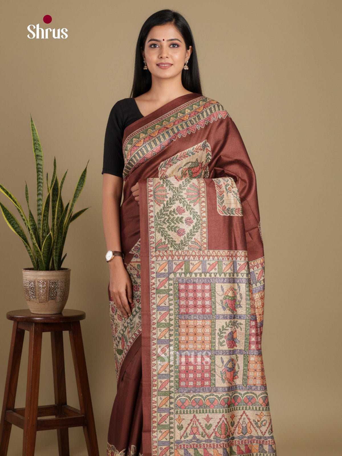 Coffee Brown - Printed Madhubani Saree
