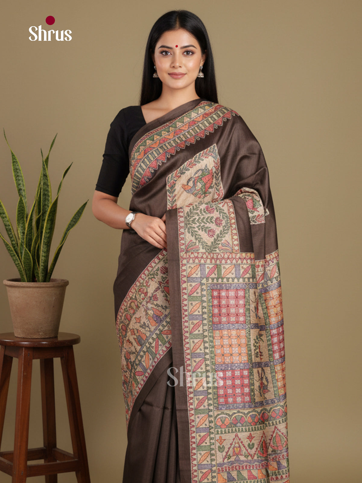 Brown - Printed Madhubani Saree