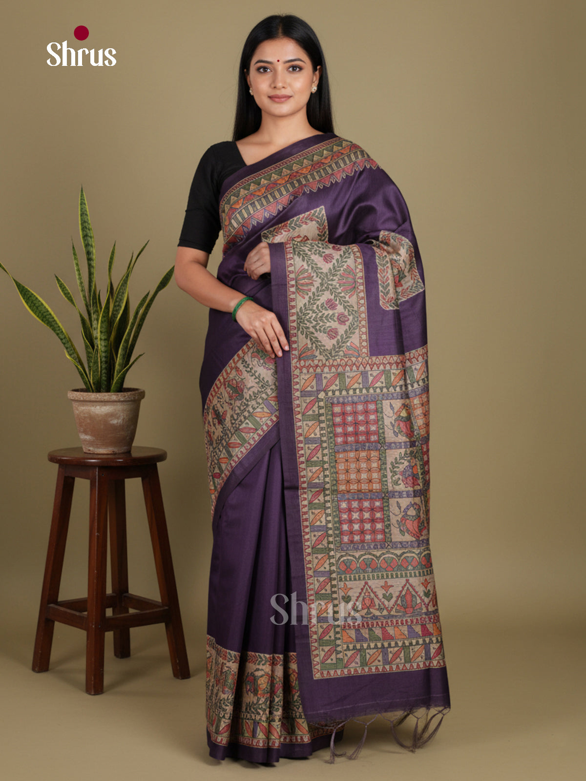 Violet - Printed Madhubani Saree