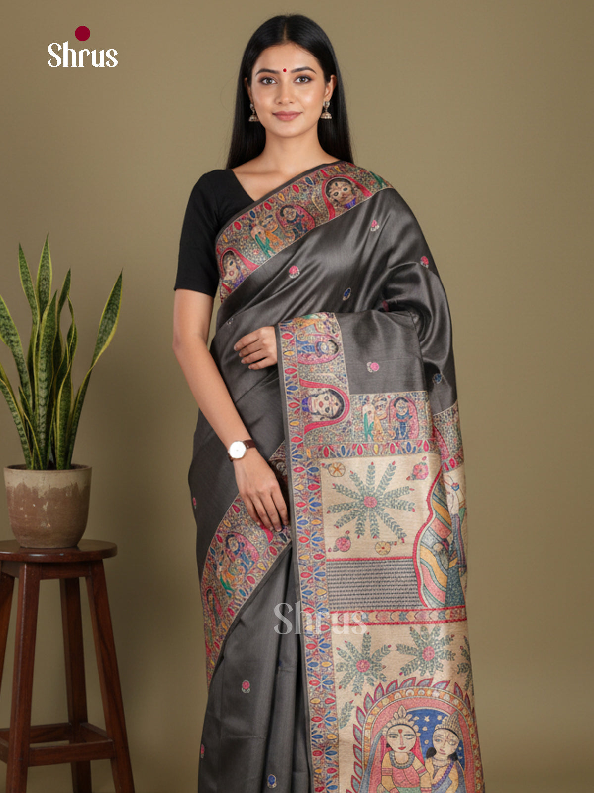 Black - Printed Madhubani Saree