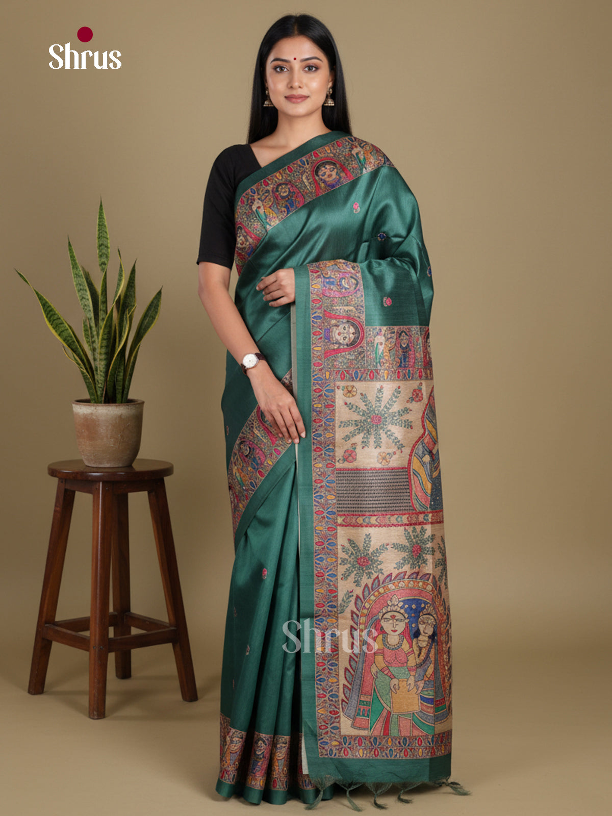 Green - Printed Madhubani Saree