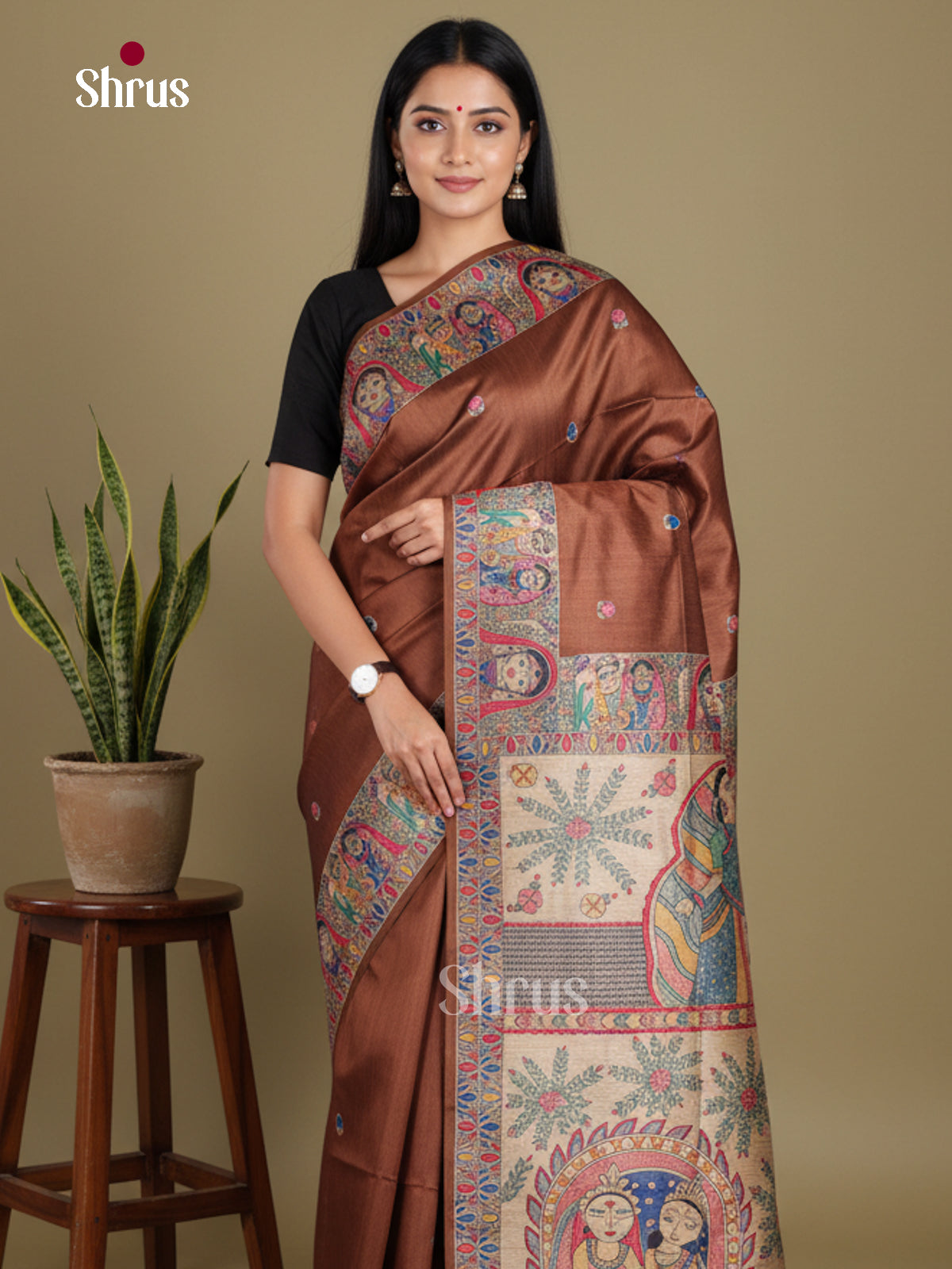 Brown - Printed Madhubani Saree