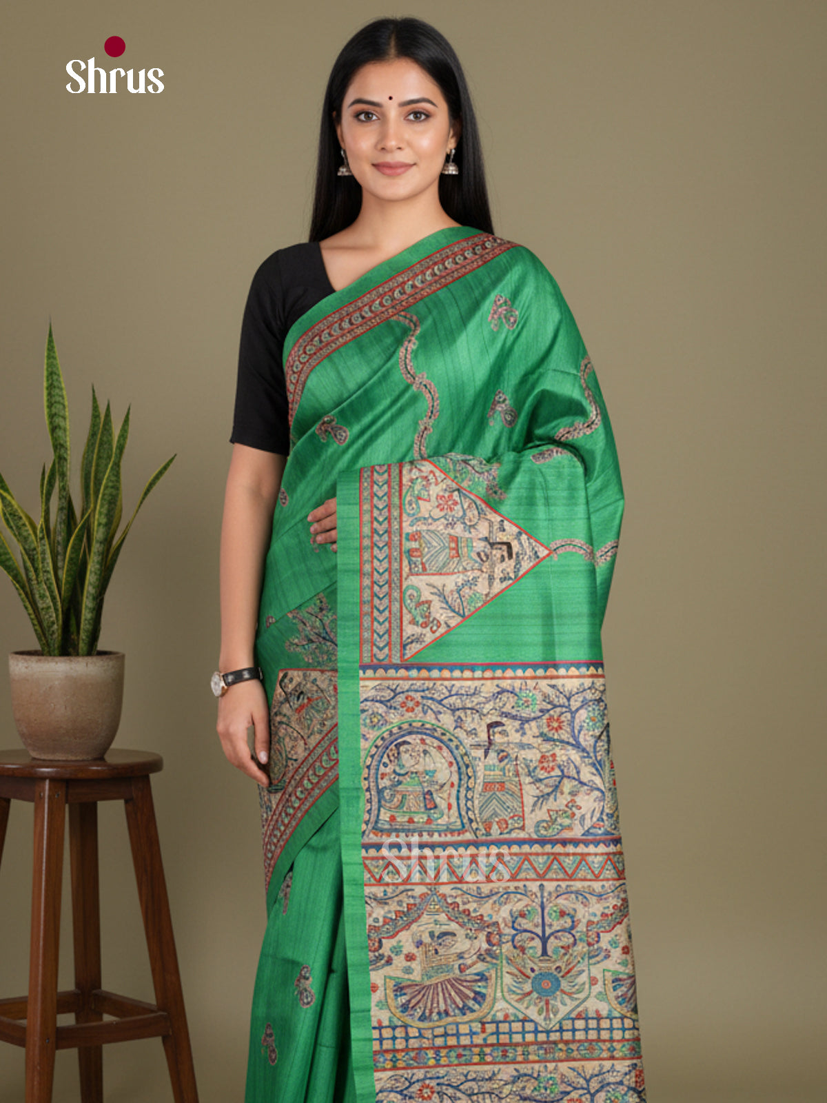 Green- Printed Madhubani Saree