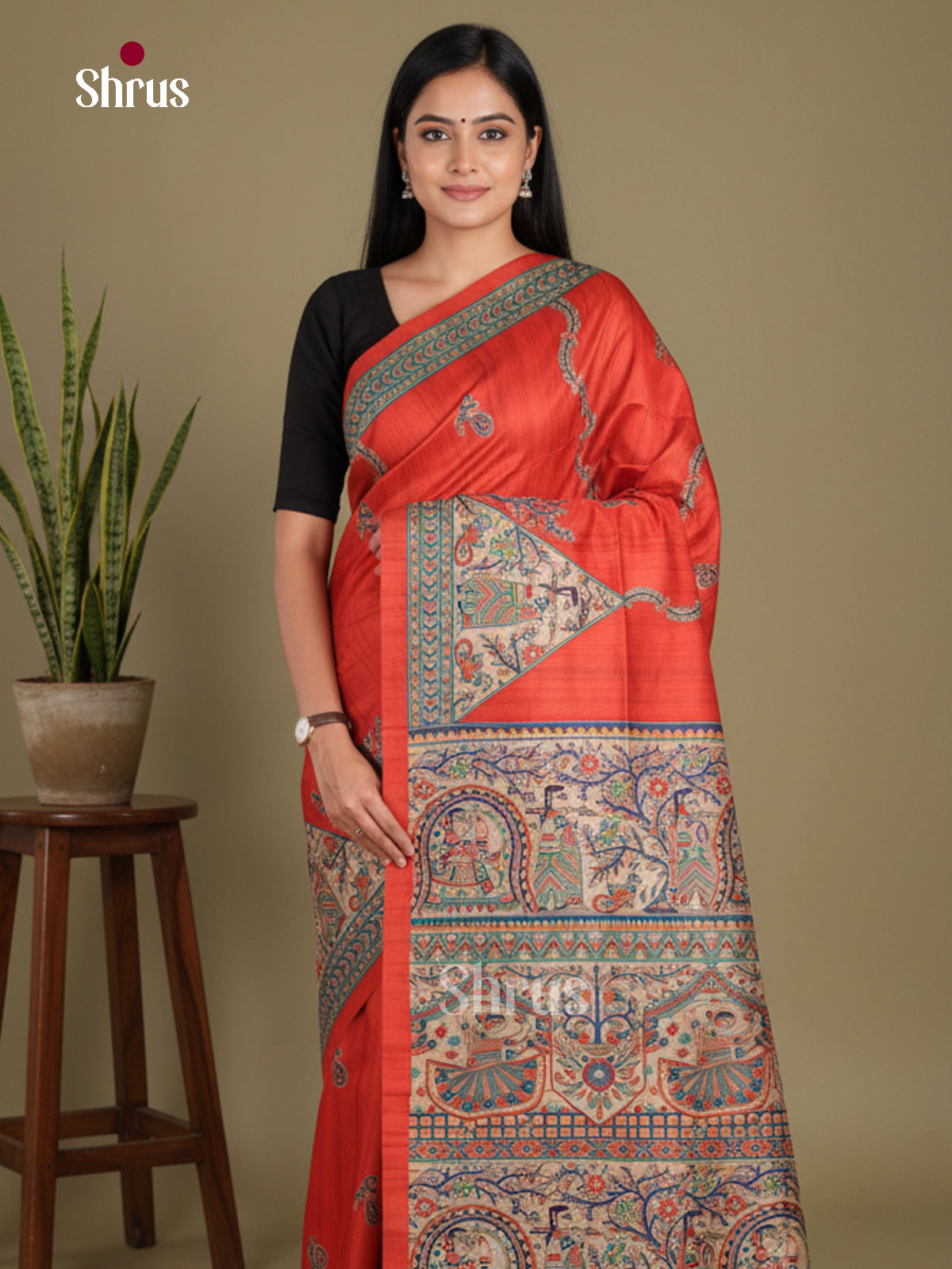 Red - Printed Madhubani Saree