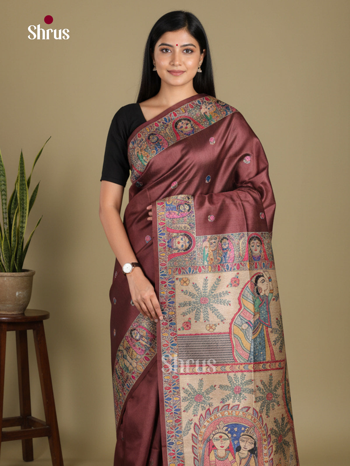 Brown - Printed Madhubani Saree