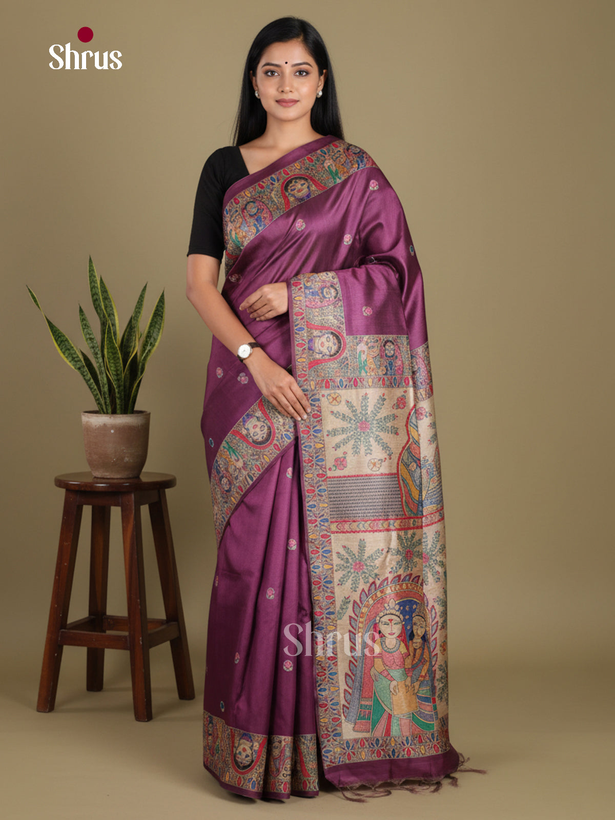 Purple - Printed Madhubani Saree