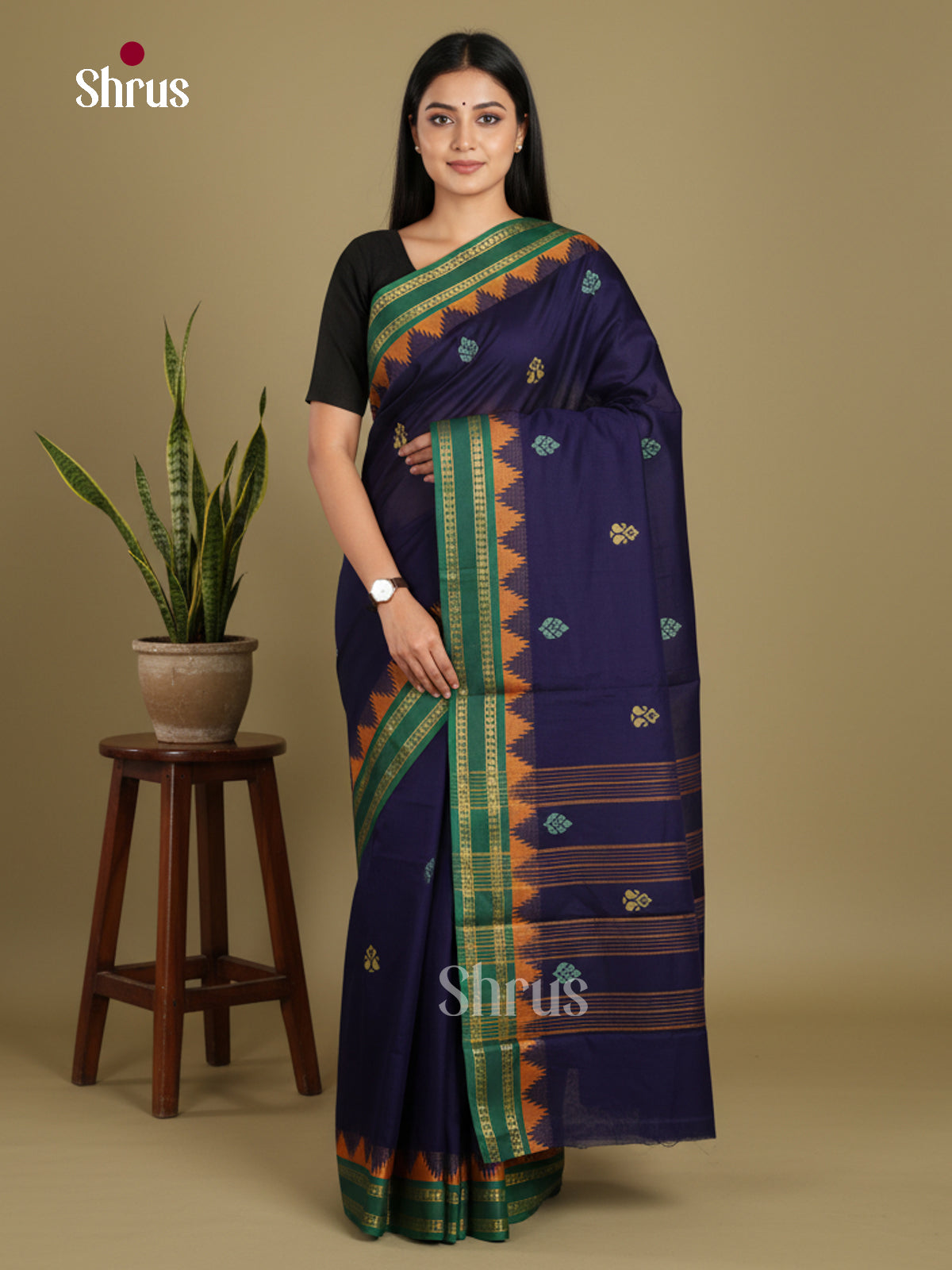 Blue & Green - Chettinad Mix Cotton-Without Blouse Saree
