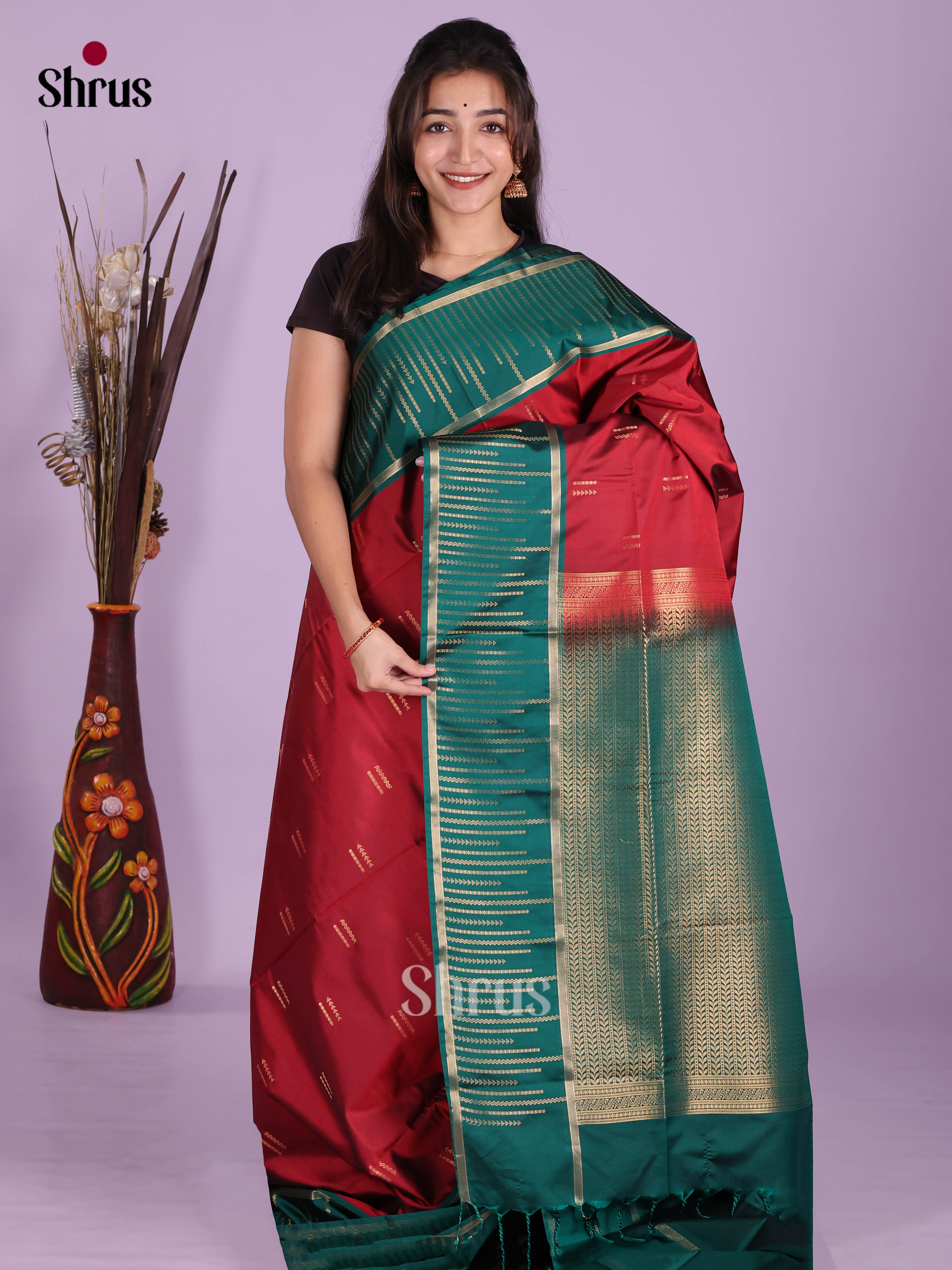 Maroon & Green- Semi Softsilk Saree - Shop on Shrus.com