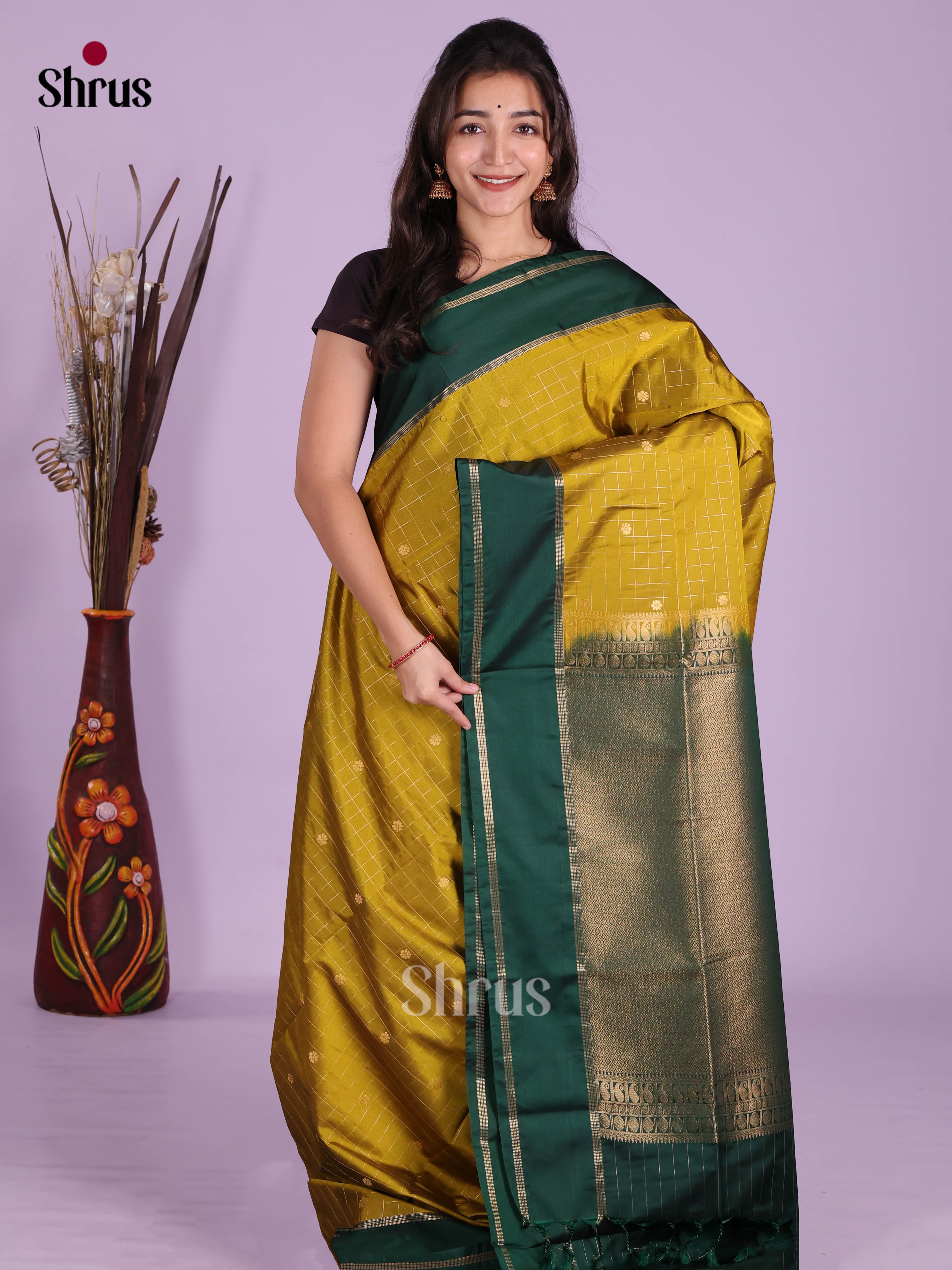 Mustardy Green & Green - Semi Softsilk Saree - Shop on Shrus.com