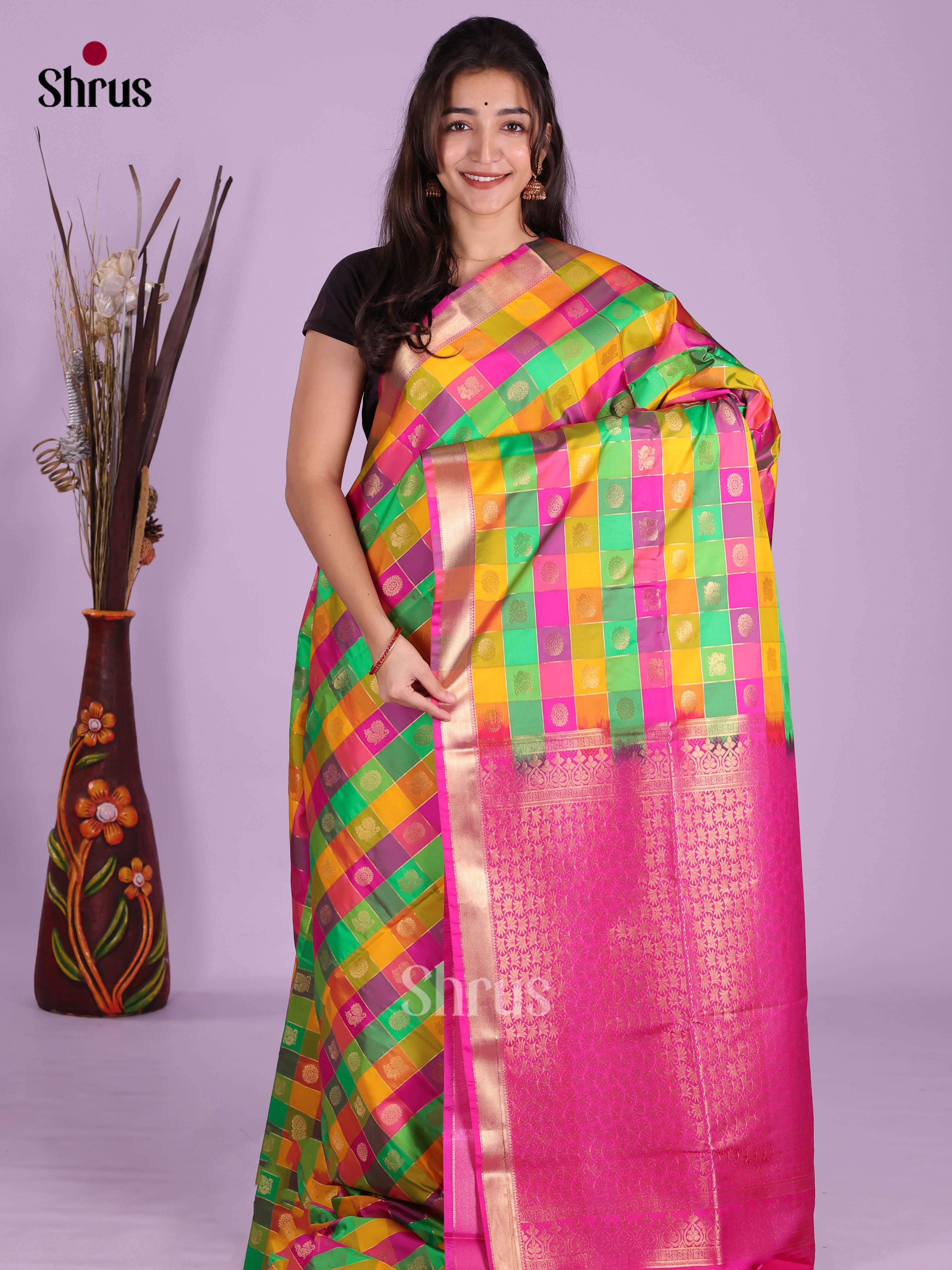 Green, Yellow & Majenta - Semi Softsilk Saree - Shop on Shrus.com