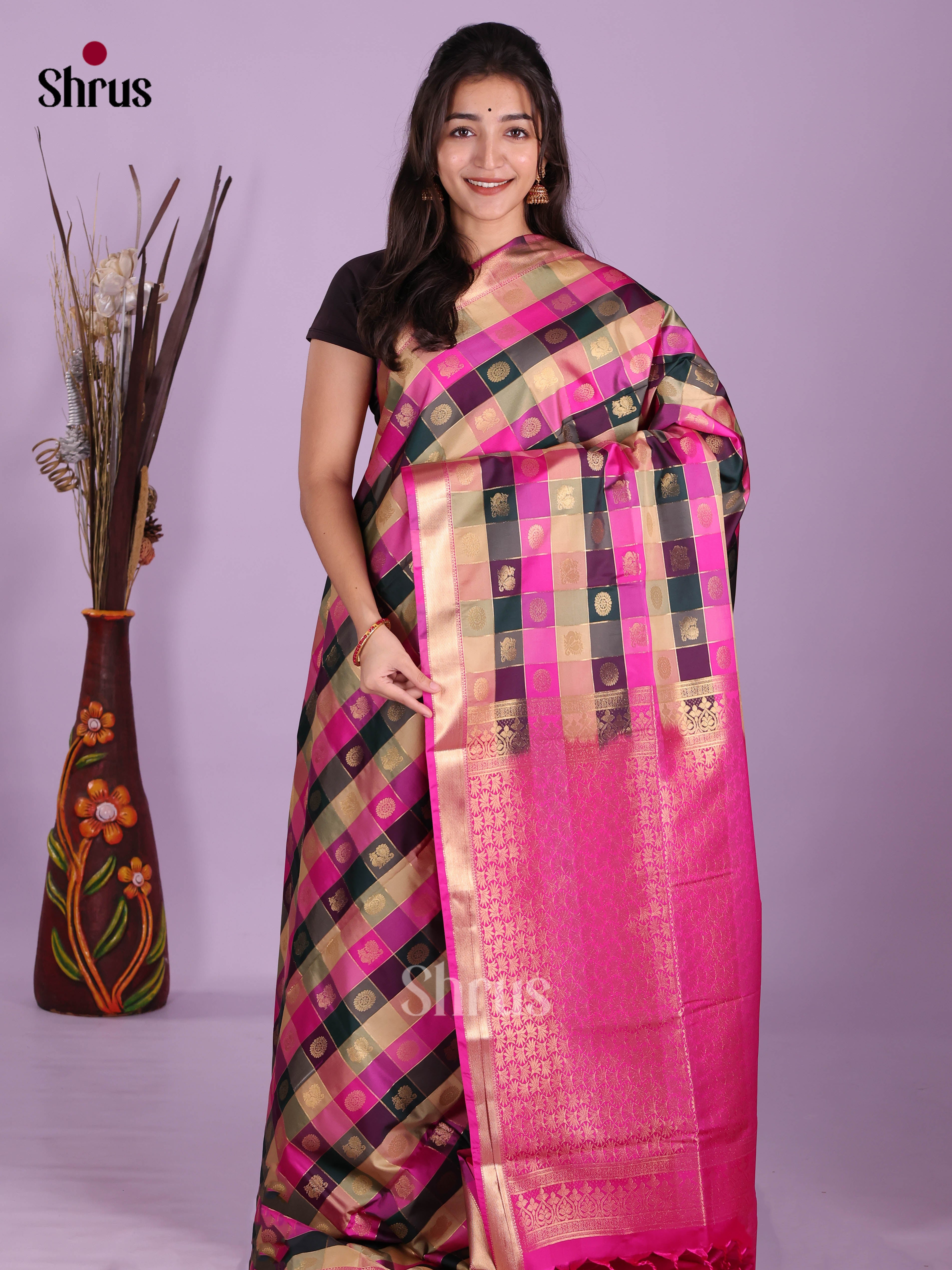 Green & Pink - Semi Softsilk Saree - Shop on Shrus.com