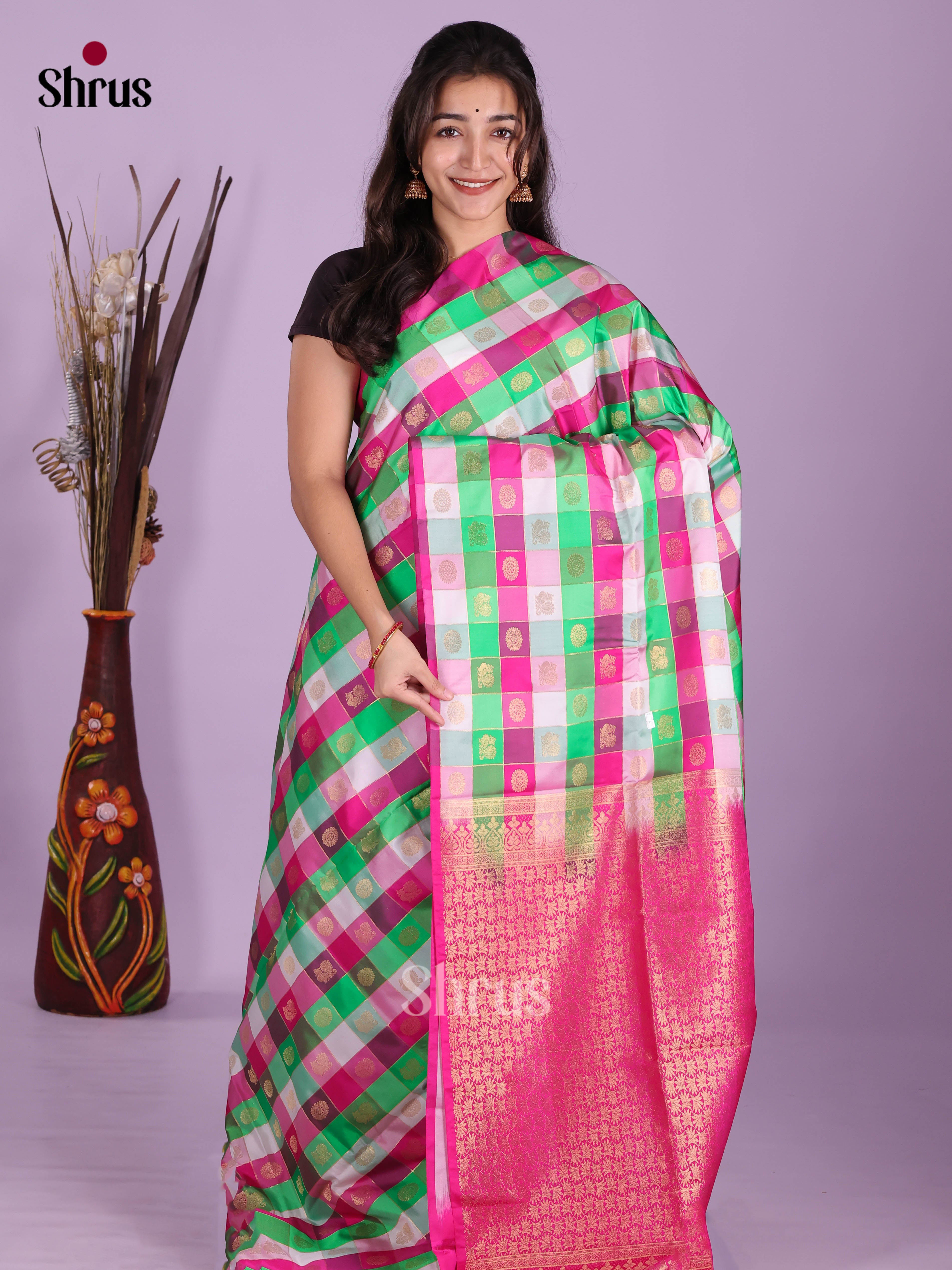 Green & Pink - Semi Softsilk Saree