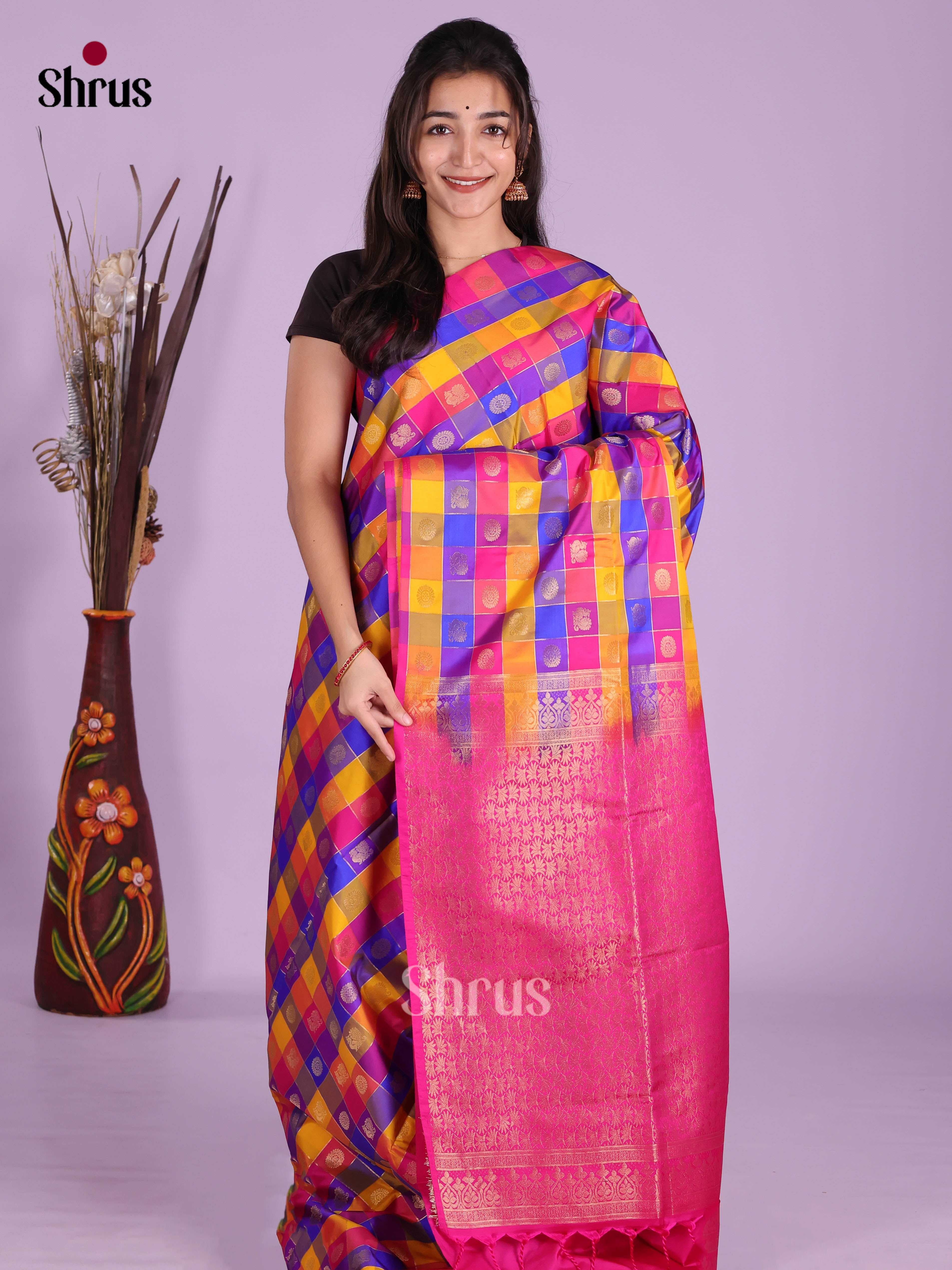 Yellow & Pink - Semi Softsilk Saree