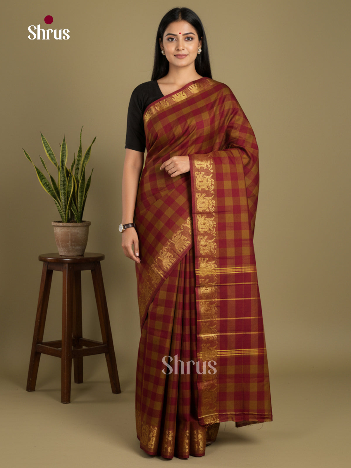 Maroon & Mustard - Chettinad Mix Cotton-Without Blouse Saree