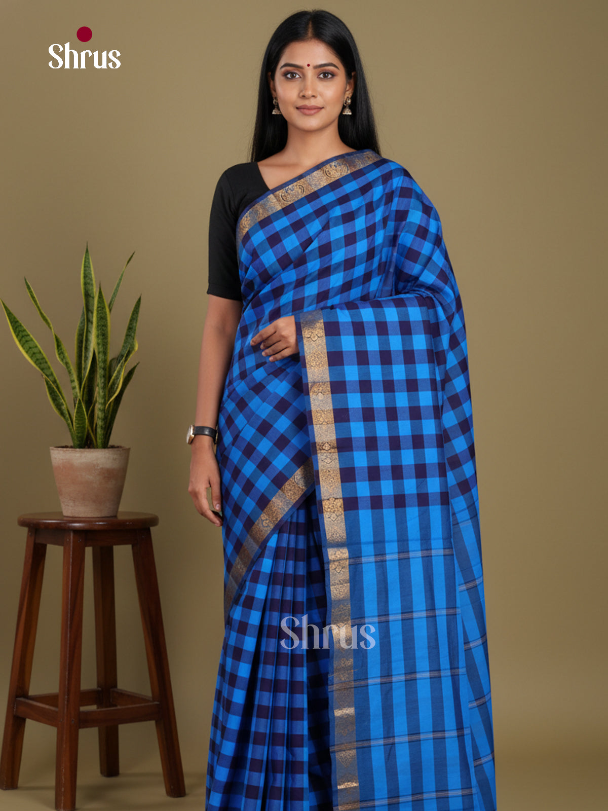 Light & Dark Blue - Chettinad Mix Cotton-Without Blouse Saree