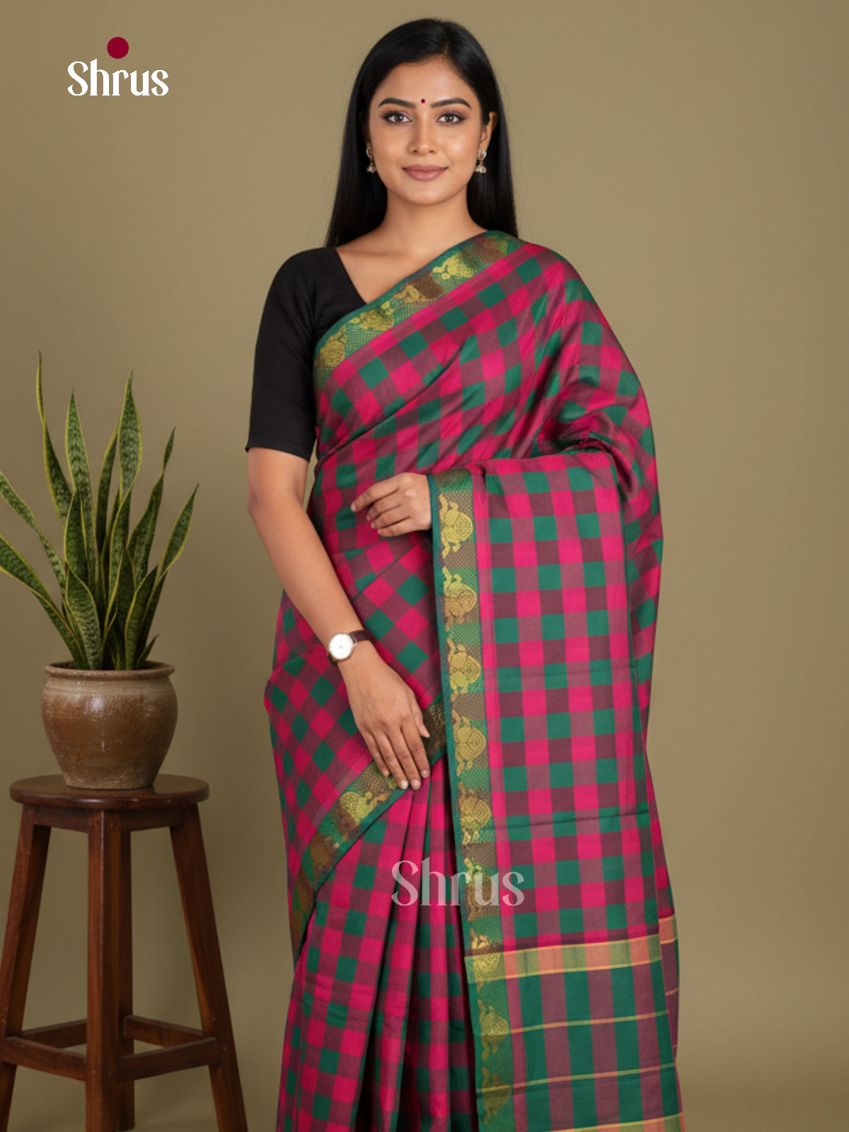 Pink & Green - Chettinad Mix Cotton-Without Blouse Saree
