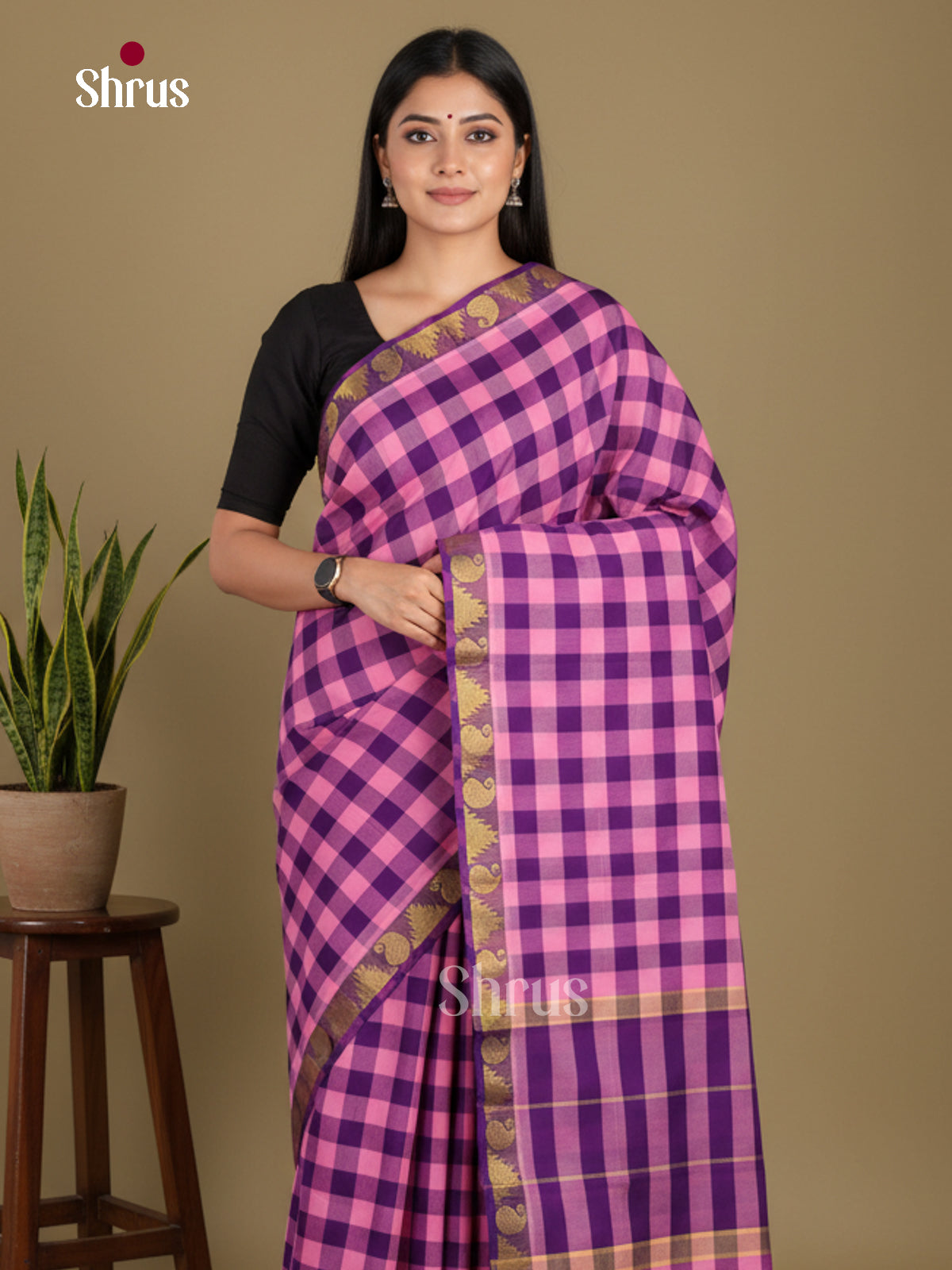 Pink & Violet - Chettinad Mix Cotton-Without Blouse Saree