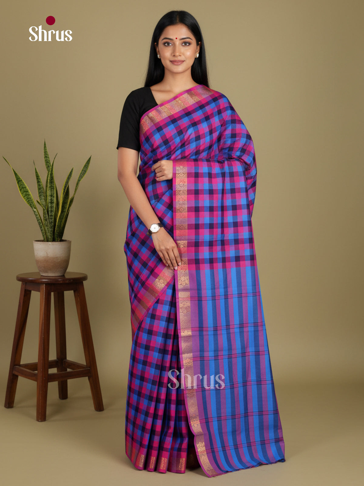 Blue & Pink - Chettinad Mix Cotton-Without Blouse Saree