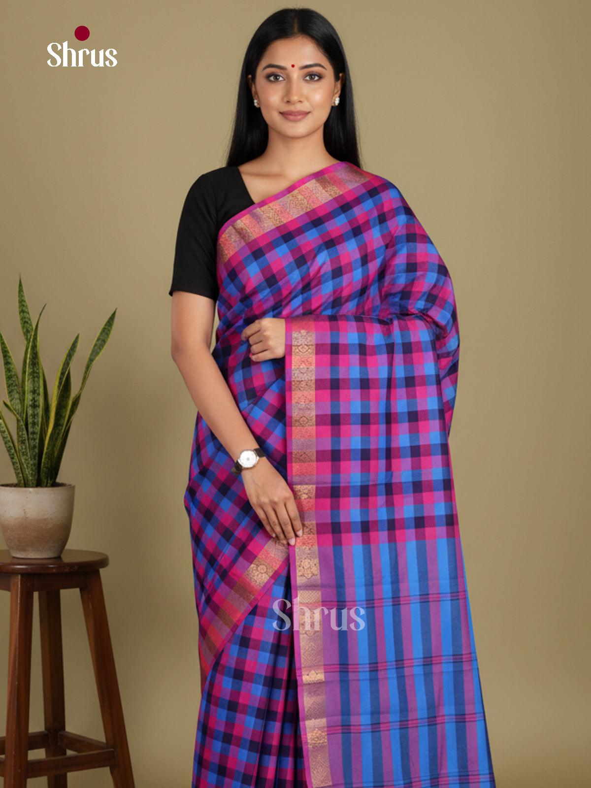 Blue & Pink - Chettinad Mix Cotton-Without Blouse Saree