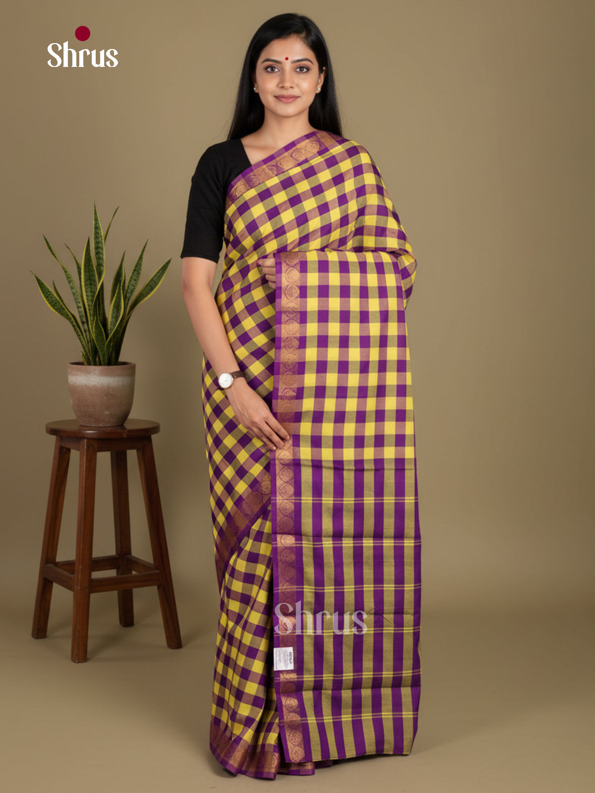 Yellow & Violet - Chettinad Mix Cotton-Without Blouse Saree