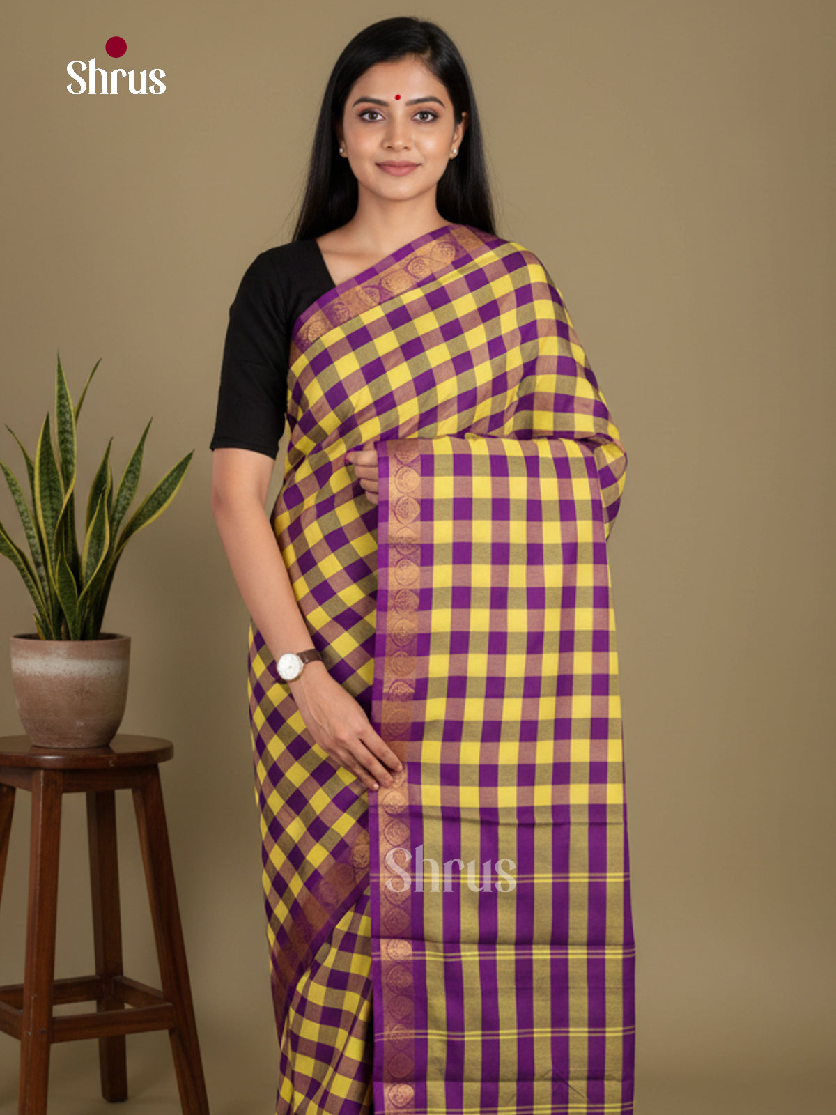Yellow & Violet - Chettinad Mix Cotton-Without Blouse Saree