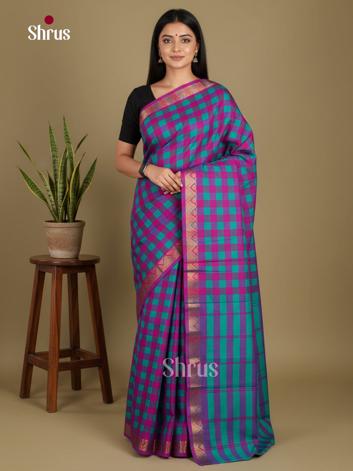 Blue & Purple - Chettinad Mix Cotton-Without Blouse Saree
