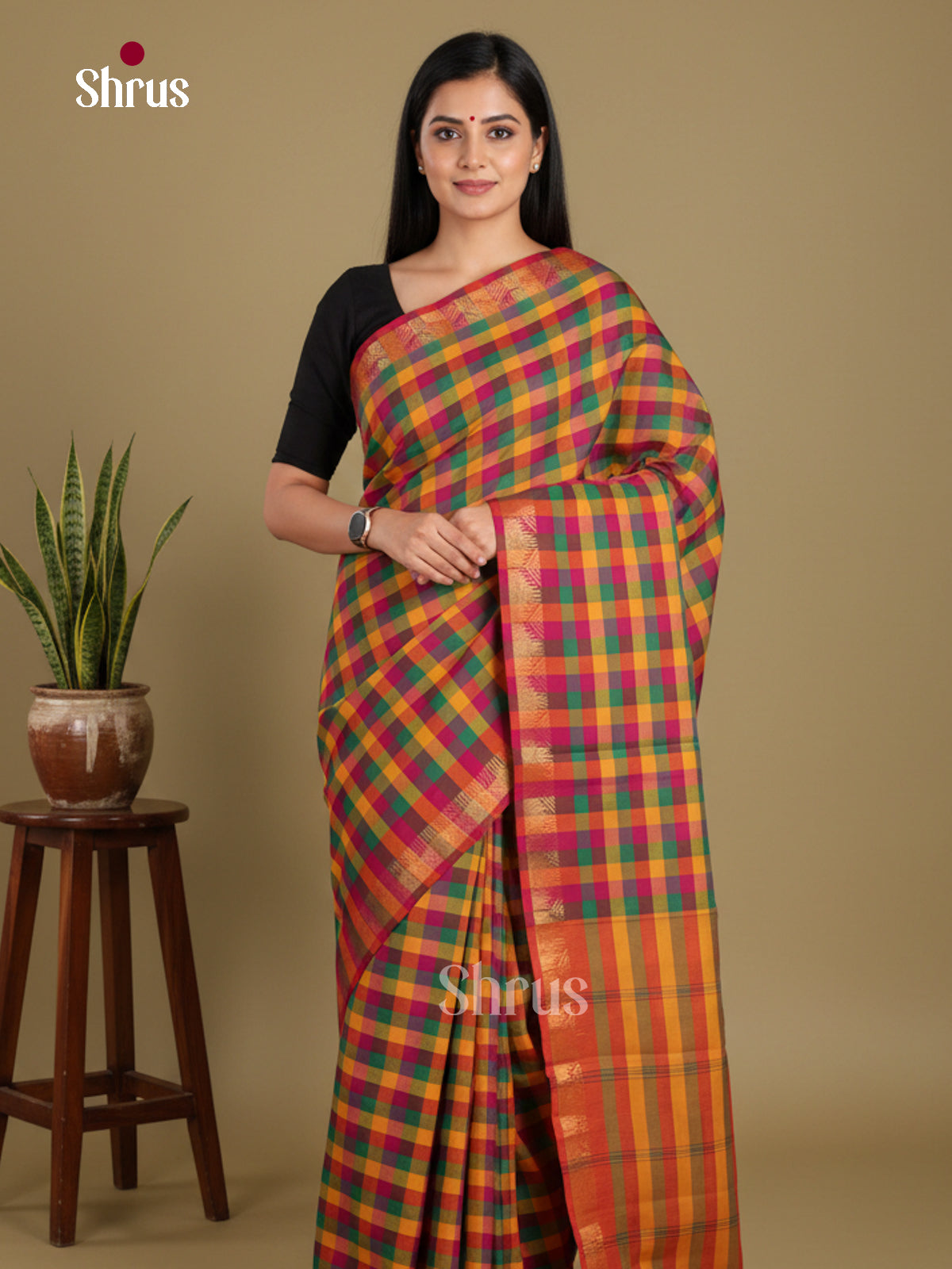 Mustard & Pink - Chettinad Mix Cotton-Without Blouse Saree