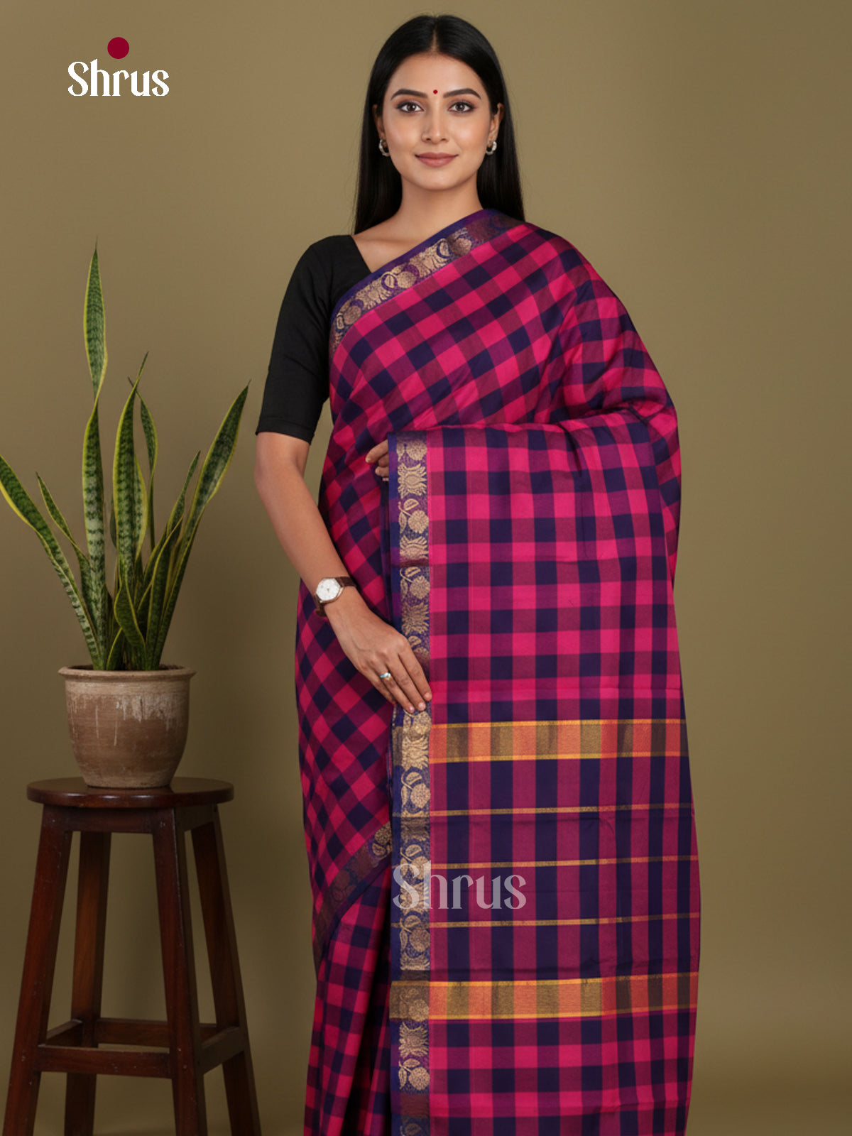 Pink & Blue - Chettinad Mix Cotton-Without Blouse Saree
