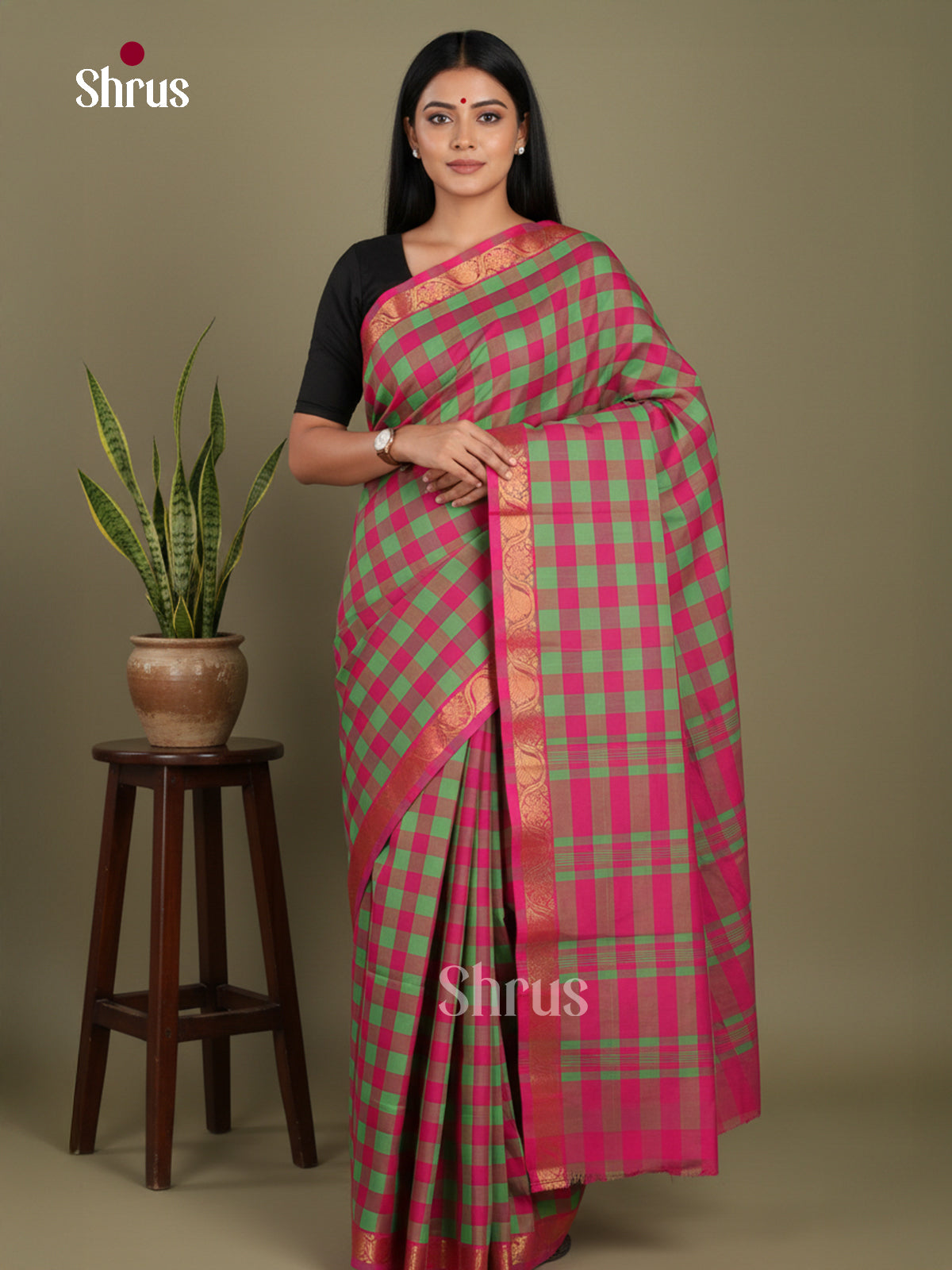 Pink & Green - Chettinad Mix Cotton-Without Blouse Saree