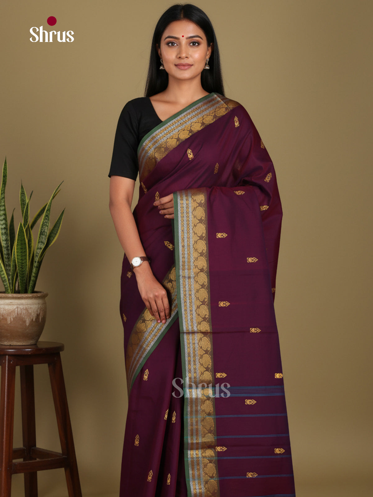 Purple & Green- Chettinad Mix Cotton-Without Blouse Saree