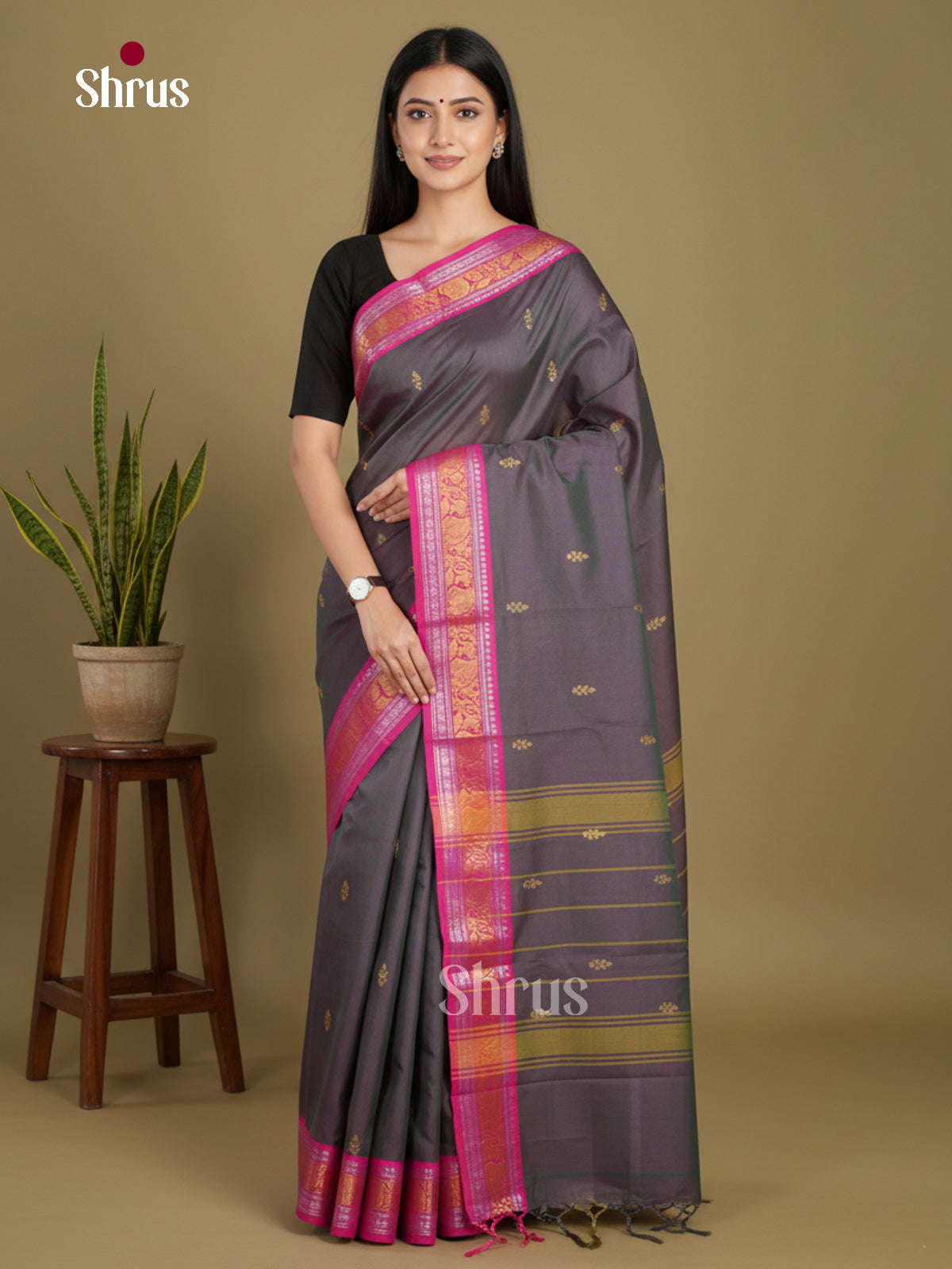 Grey & Pink - Chettinad Mix Cotton-Without Blouse Saree - Shop on Shrus.com