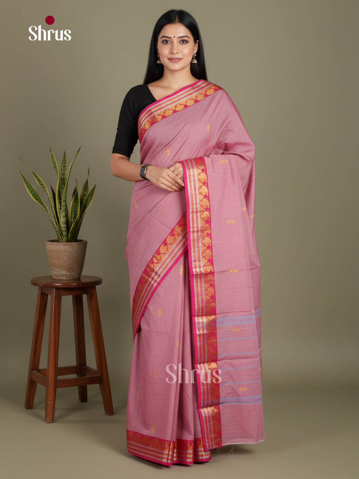 Pink & Red - Chettinad Mix Cotton-Without Blouse Saree