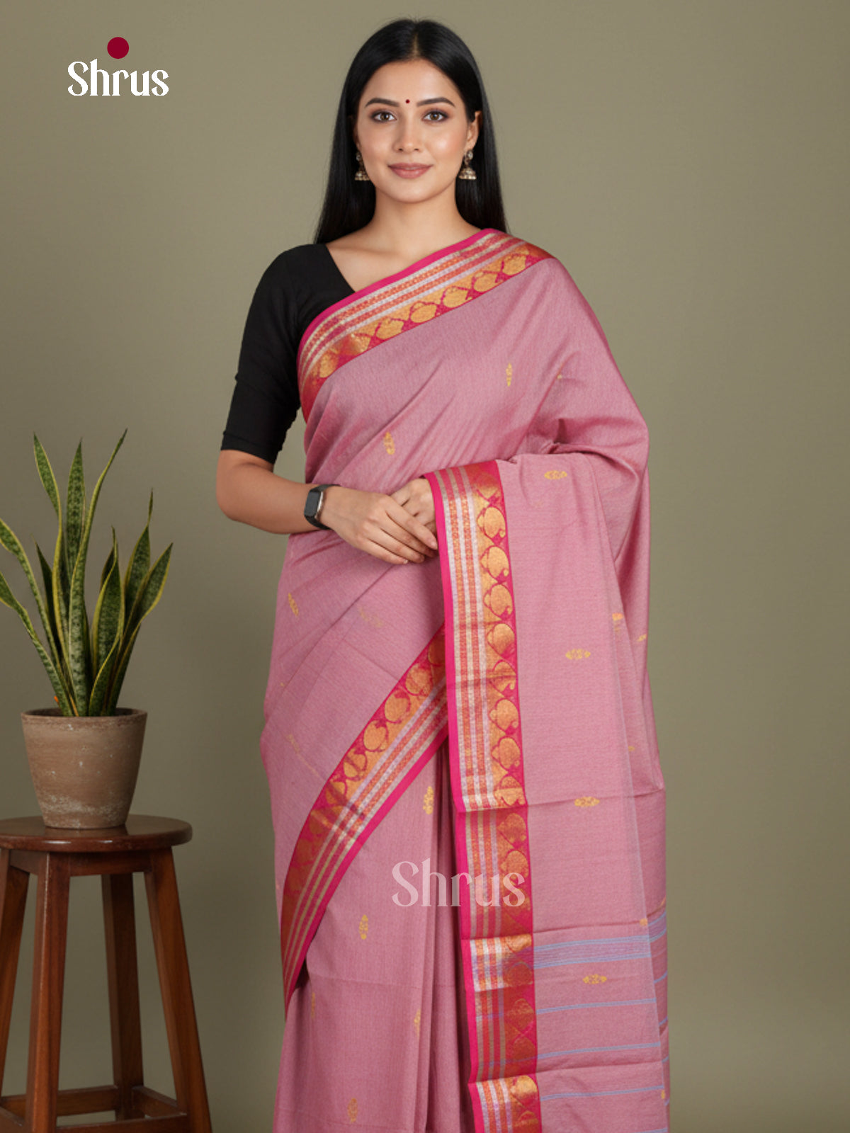 Pink & Red - Chettinad Mix Cotton-Without Blouse Saree