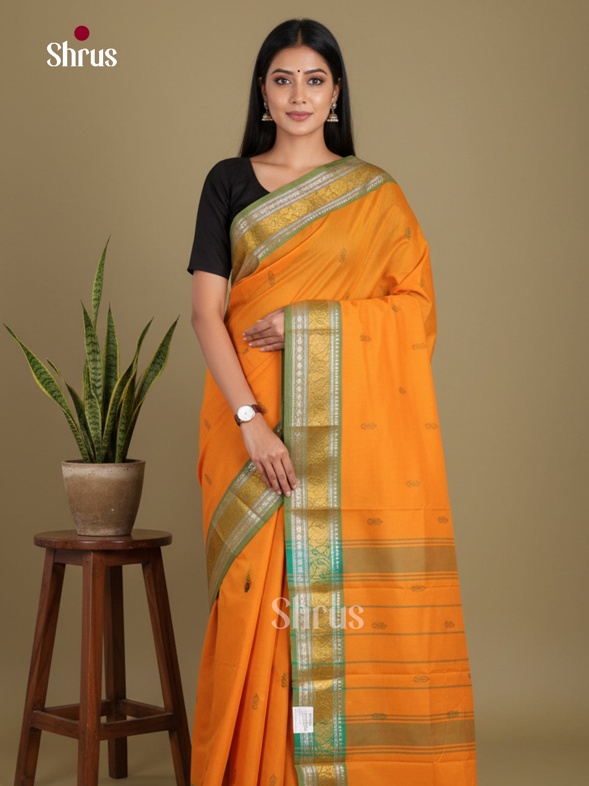 Mustard & Green - Chettinad Mix Cotton-Without Blouse Saree