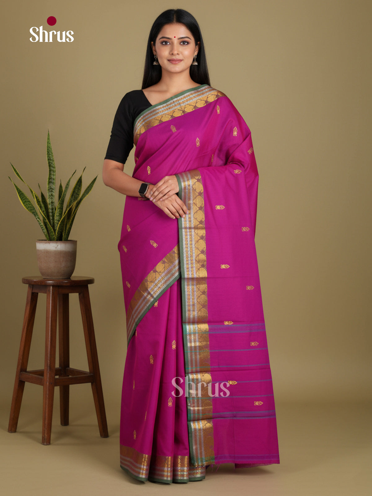 Majenta & Green - Chettinad Mix Cotton-Without Blouse Saree
