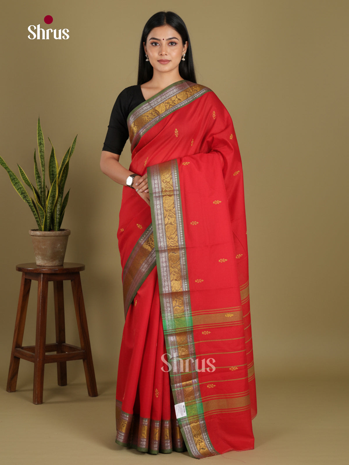 Red & Green - Chettinad Mix Cotton-Without Blouse Saree