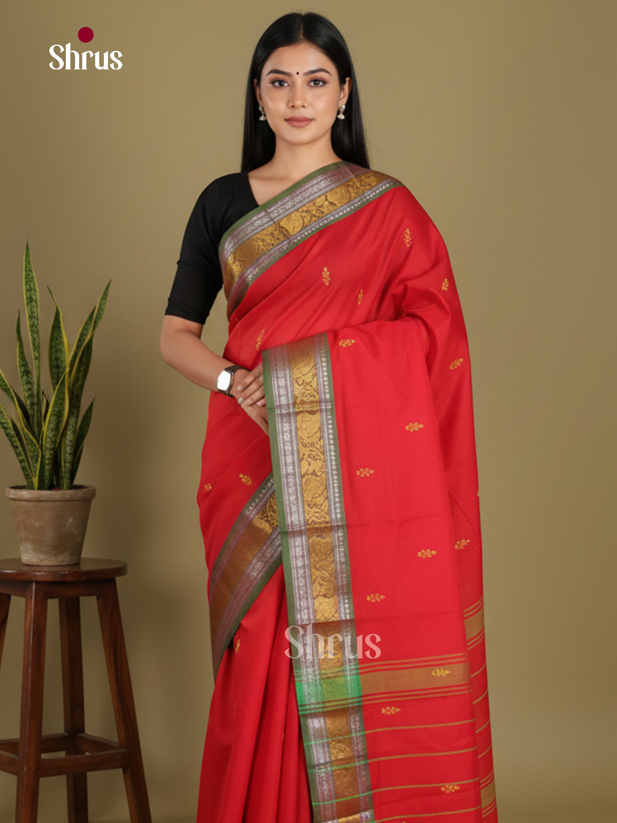 Red & Green - Chettinad Mix Cotton-Without Blouse Saree