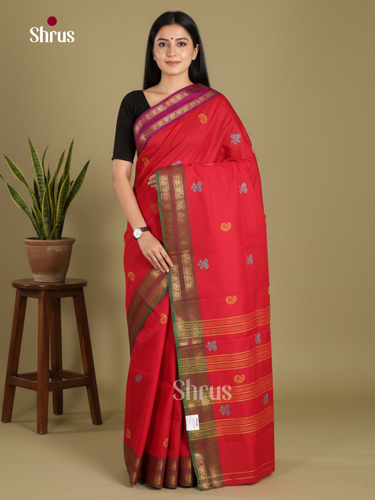 Red & Green- Chettinad Mix Cotton-Without Blouse Saree