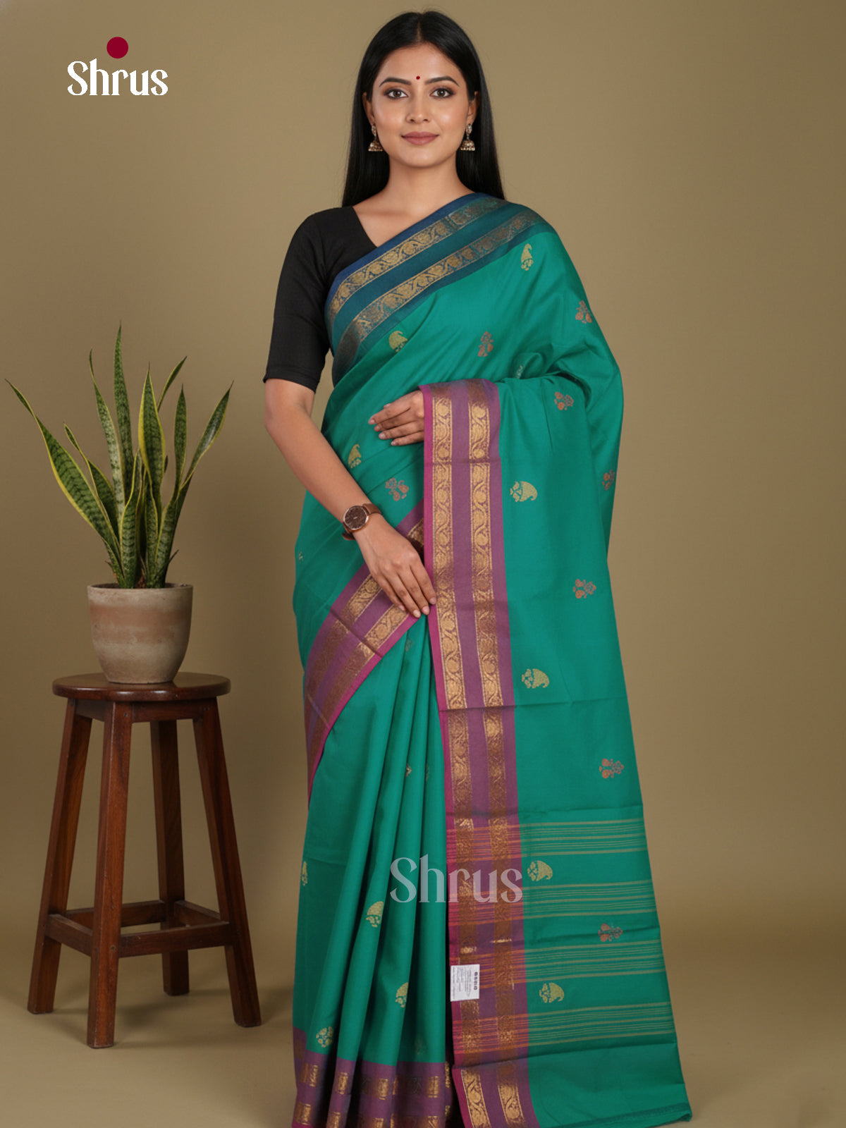 Green & Purple- Chettinad Mix Cotton-Without Blouse Saree