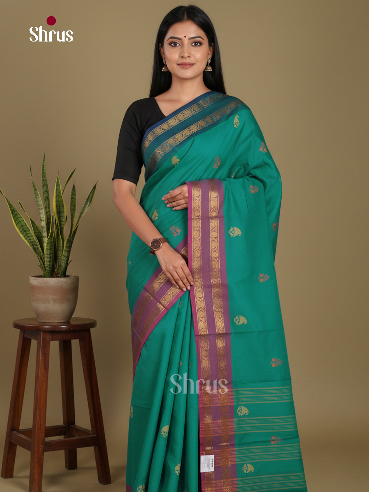 Green & Purple- Chettinad Mix Cotton-Without Blouse Saree