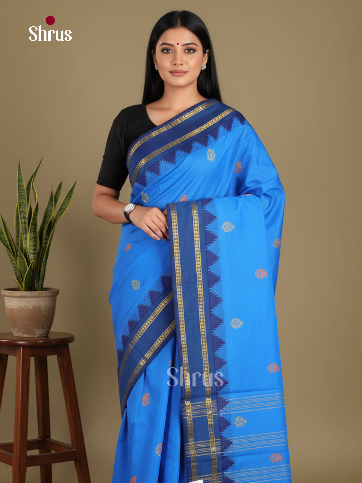 Light Blue & Blue- Chettinad Mix Cotton-Without Blouse Saree