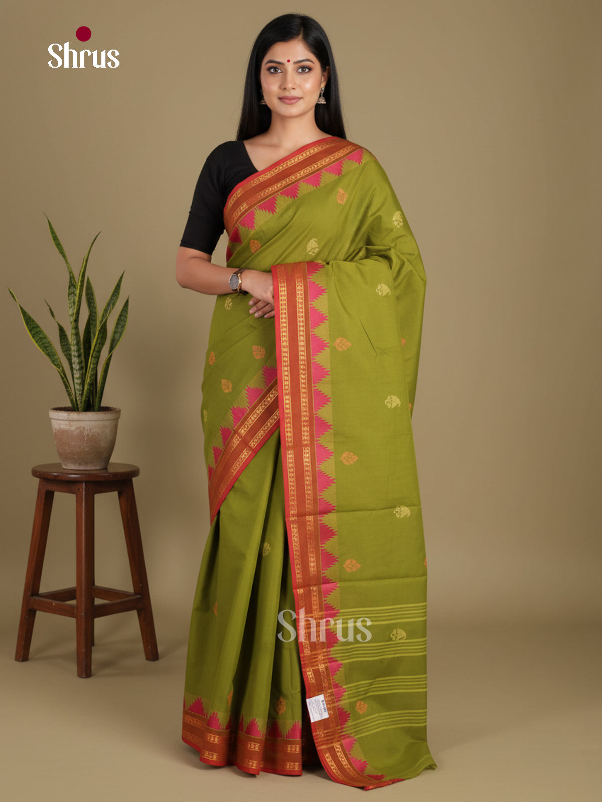 Light Green & Red - Chettinad Mix Cotton-Without Blouse Saree