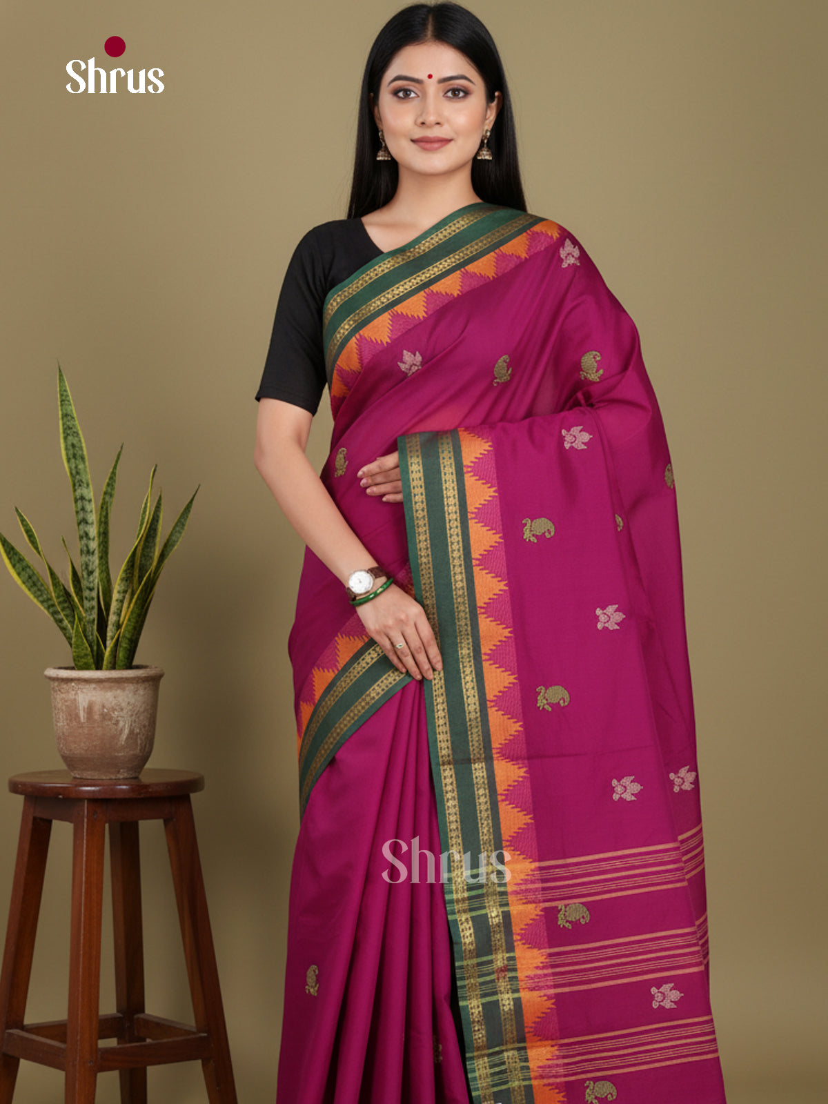 Purple & Green - Chettinad Mix Cotton-Without Blouse Saree - Shop on Shrus.com